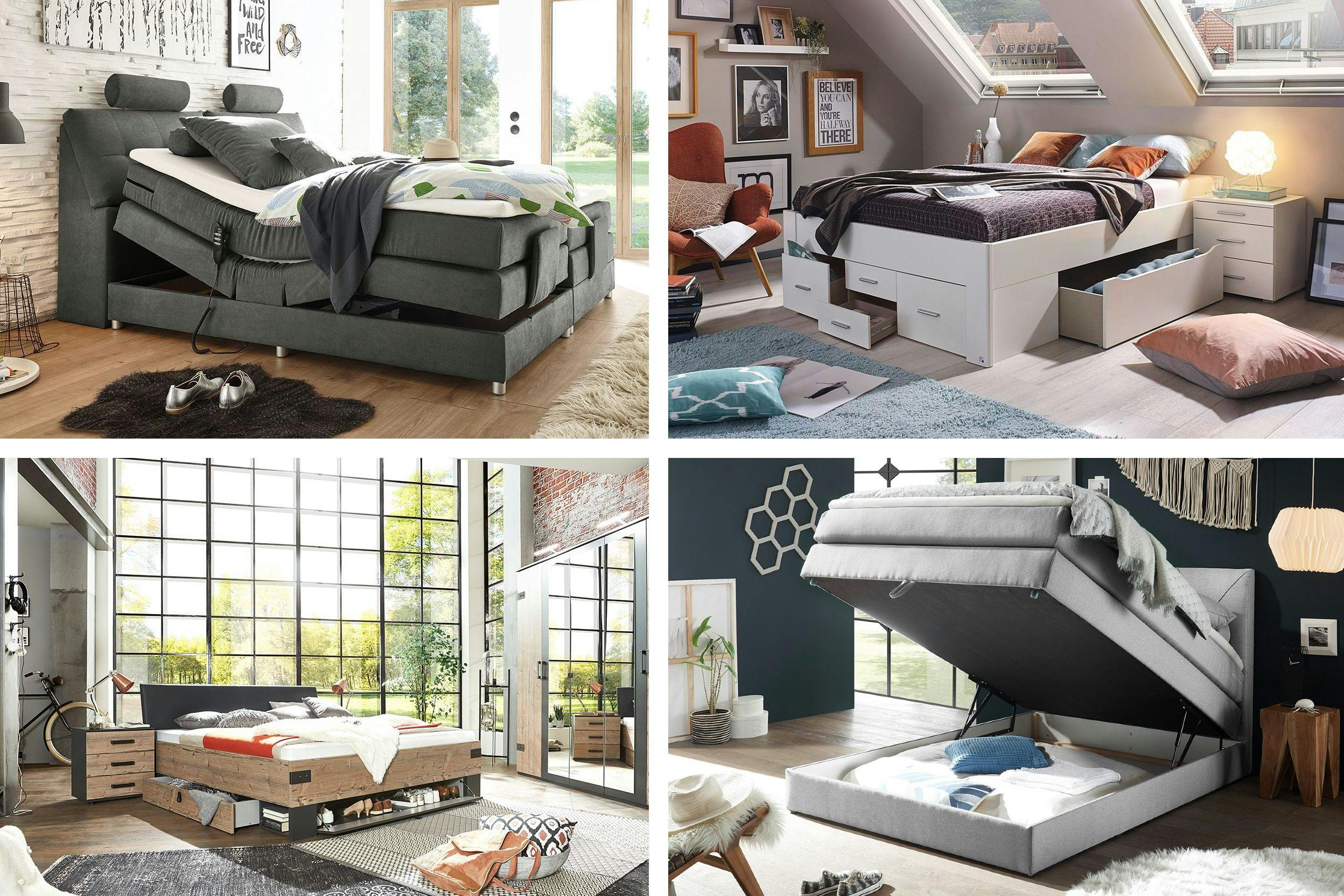 Combo de 4 photos de lits avec tiroirs, lit avec un coffre, ou lit électrique.