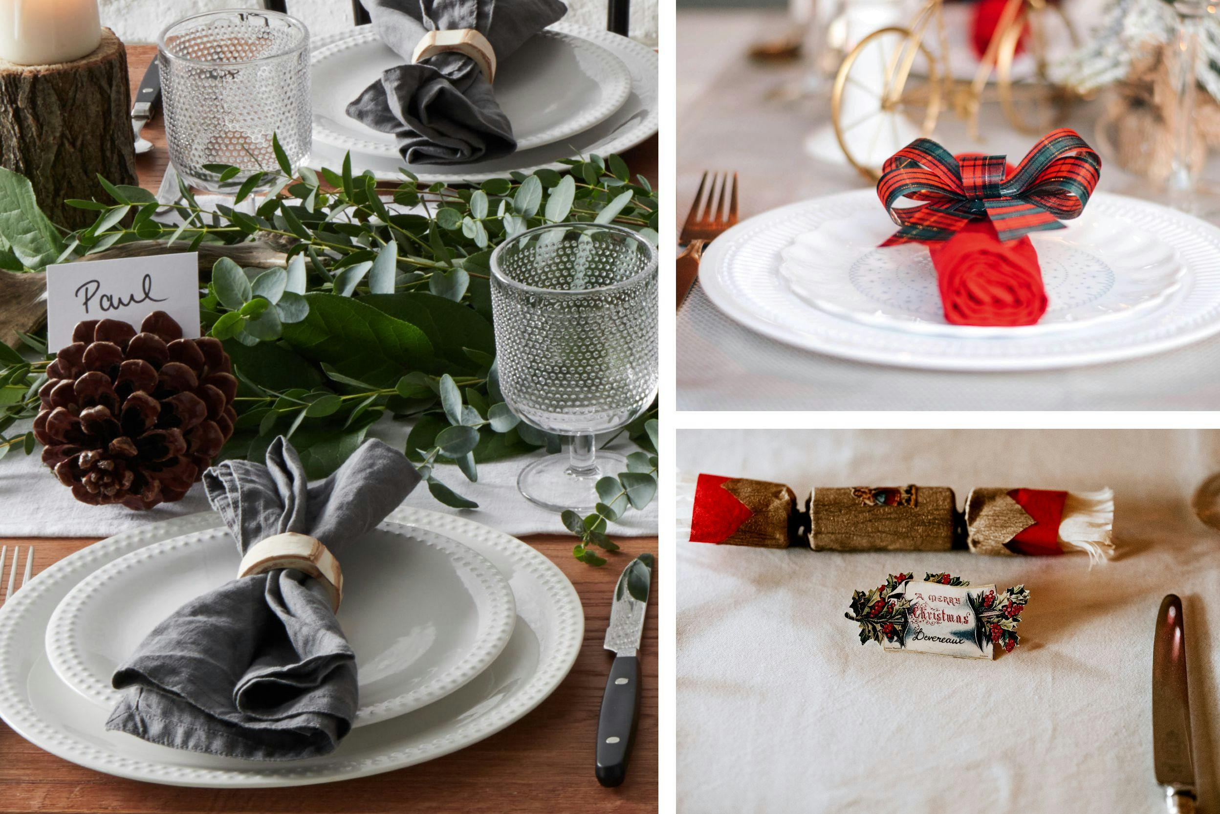 Combo de trois photos de détails de table de Noel avec vaisselle blanche, décorations, marque-place avec prénom, serviette pliée, et petit cadeau personnalisé 