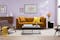 Wohnzimmer mit fliederfarbener Wand und Bildern, dazu ein senfgelbes Sofa mit gelbem Kissen, ein Couchtisch aus schwarzem Metall, ein brauner Ledersessel in Flechtoptik sowie ein Retro-Sessel mit grauem Polster und Holzbeinen.