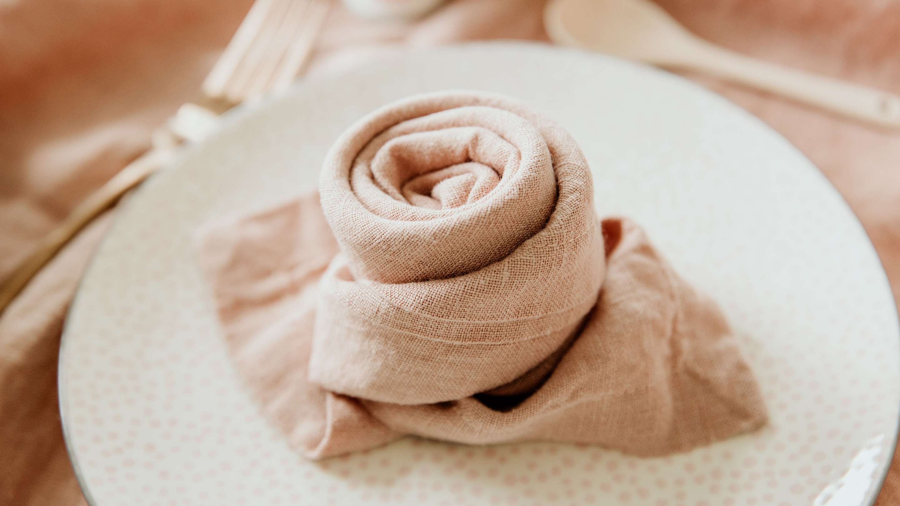 Hübsch gefaltete Serviette (Marke des Geschirrs und der Tischwäsche im Hintergrund: Butlers).