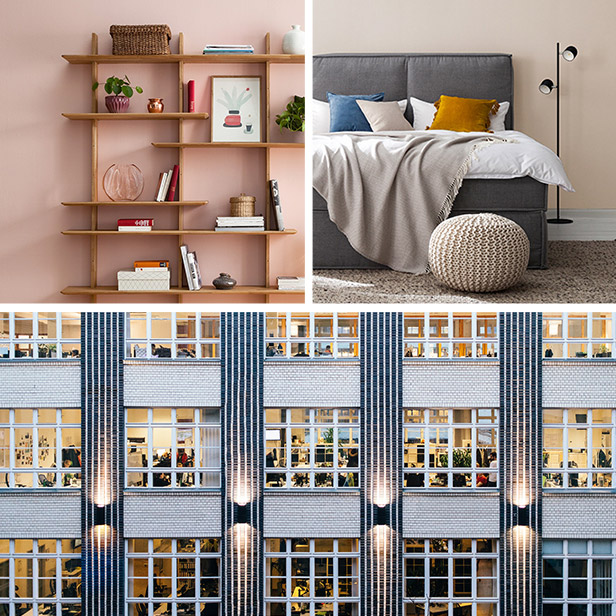 Collage mit offenem Bücherregal, grauem Boxsprigbett KINX und dem home24 Bürogebäude