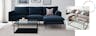 Table basse en verre sertie de noir avec canapé bleu et beige