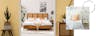 Schlafzimmer im Boho-Style mit gelber Wand und Möbeln aus Wiener Geflecht wie einem Bett mit extravagantem Kopfteil; Weisses Boxspringbett mit gepolstertem, hohem Kopfteil, welches mit Kissen und Makramee dekoriert ist
