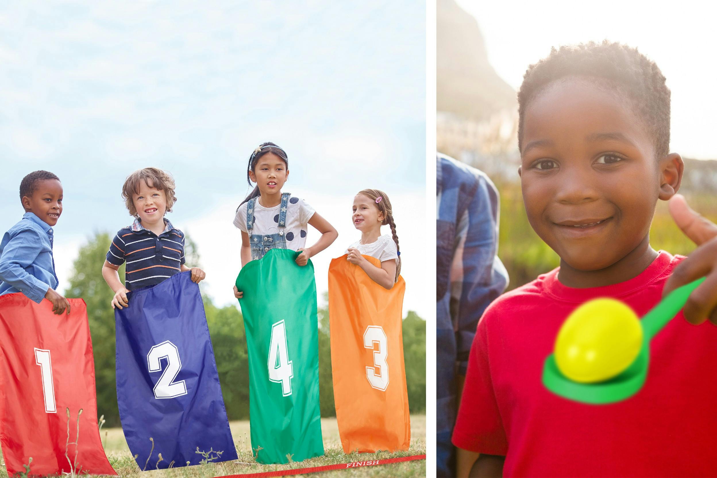 Links: Kindergruppe beim Sackhüpfen, rechts: Junge beim Eiertrudeln