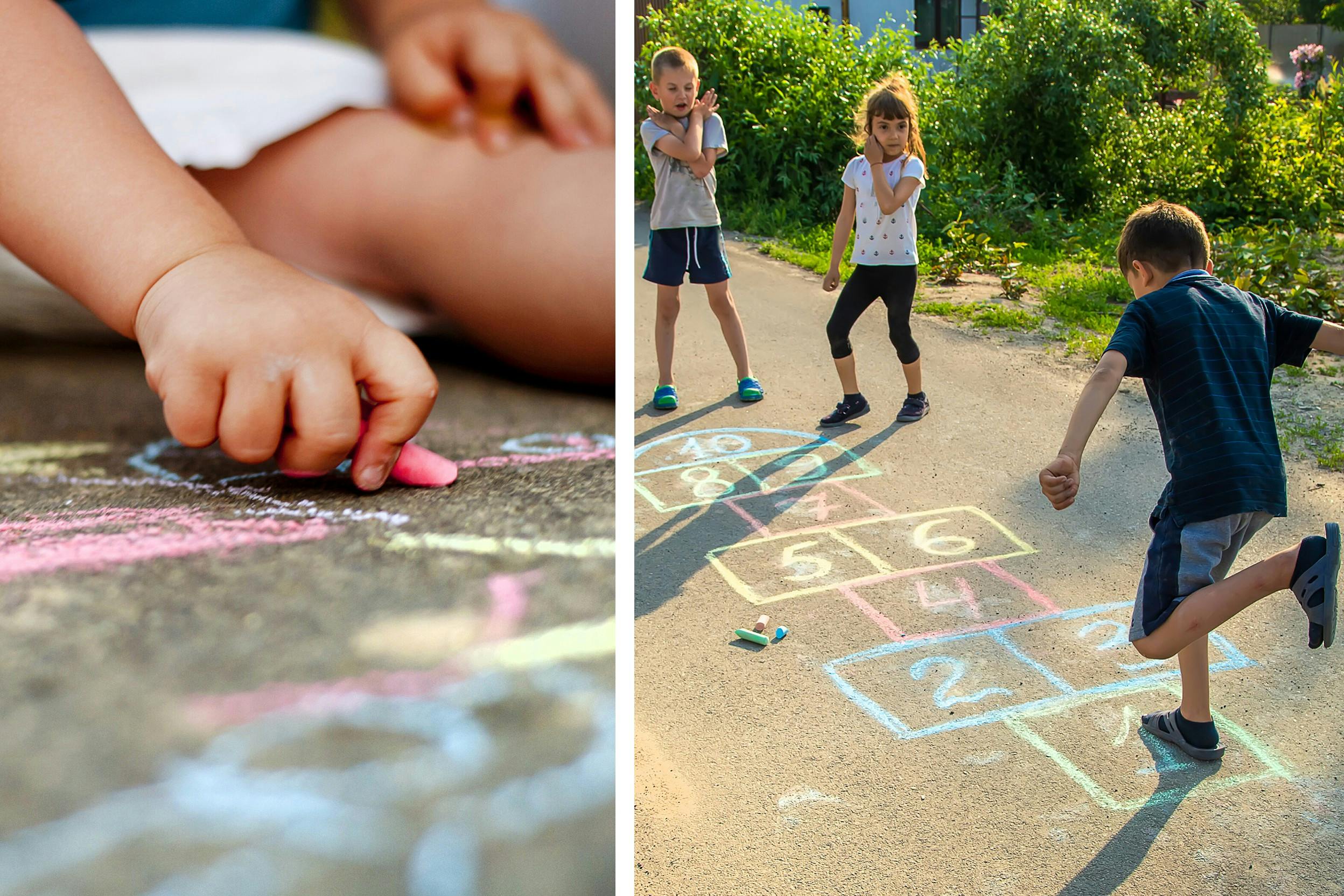 Links Kleinkind beim Malen mit Kreide, rechts: größere Kinder beim Zahlenhüpfen