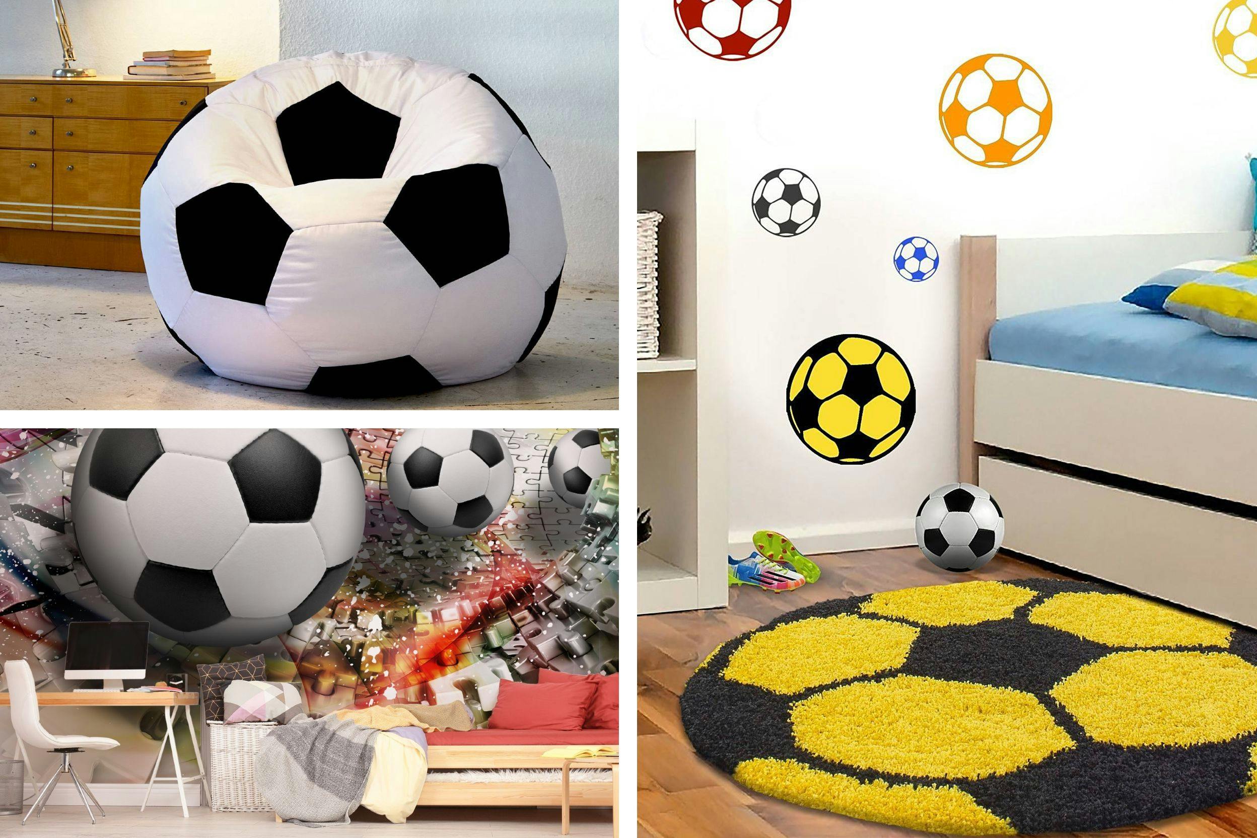 Combo 3 photos. En haut à g. : un pouf en forme de ballon de foot par terre ; en bas à gauche : bureau en bois clair, chaise blanche, lit en bois clair, placés le long d'un mur totalement recouvert de papier peint football avec ballons géants ; à d. : tapis rond style ballon de foot jaune et noir, quelques stickers de ballons de foot sur un mur blanc, et lit d'enfant en bois blanc