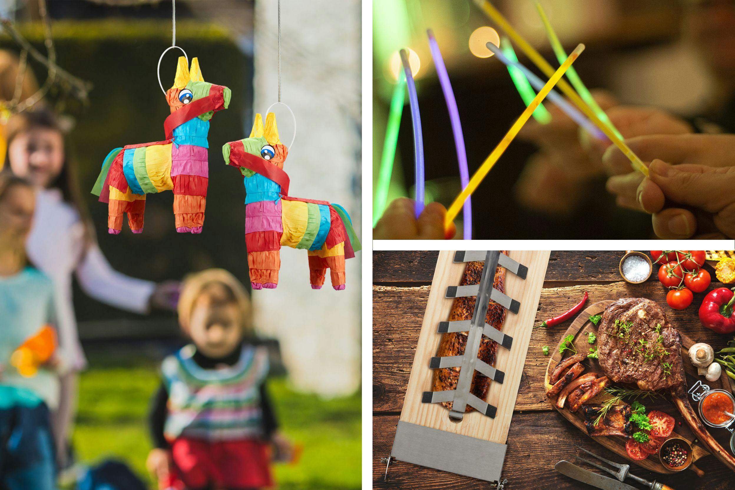 Combo de 3 photos. A g., des pinatas multicolores en premier plan, des enfants à l'image floue en arrière-plan dans un jardin ; en haut à g., des mains tenant des bâtons lumineux ; en bas à d., des grillades et légumes sur une table en bois