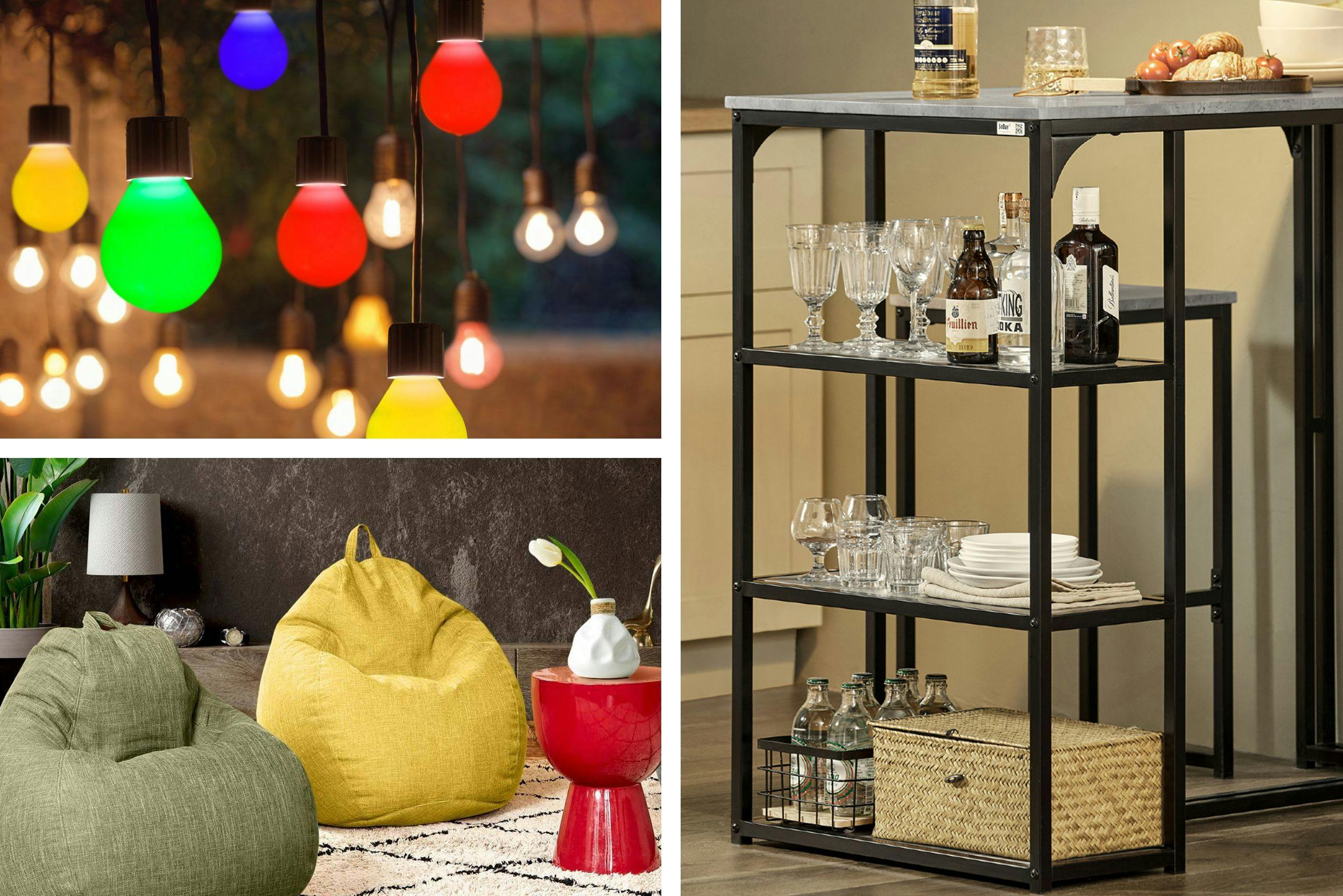 Combo 3 photos. En haut à g, ampoules multicolores suspendues en intérieur ; en bas à g, un pouf jaune, un pouf vert et une table rouge sur un tapis blanc ; à d, un meuble de bar en acier noir avec verres et bouteilles