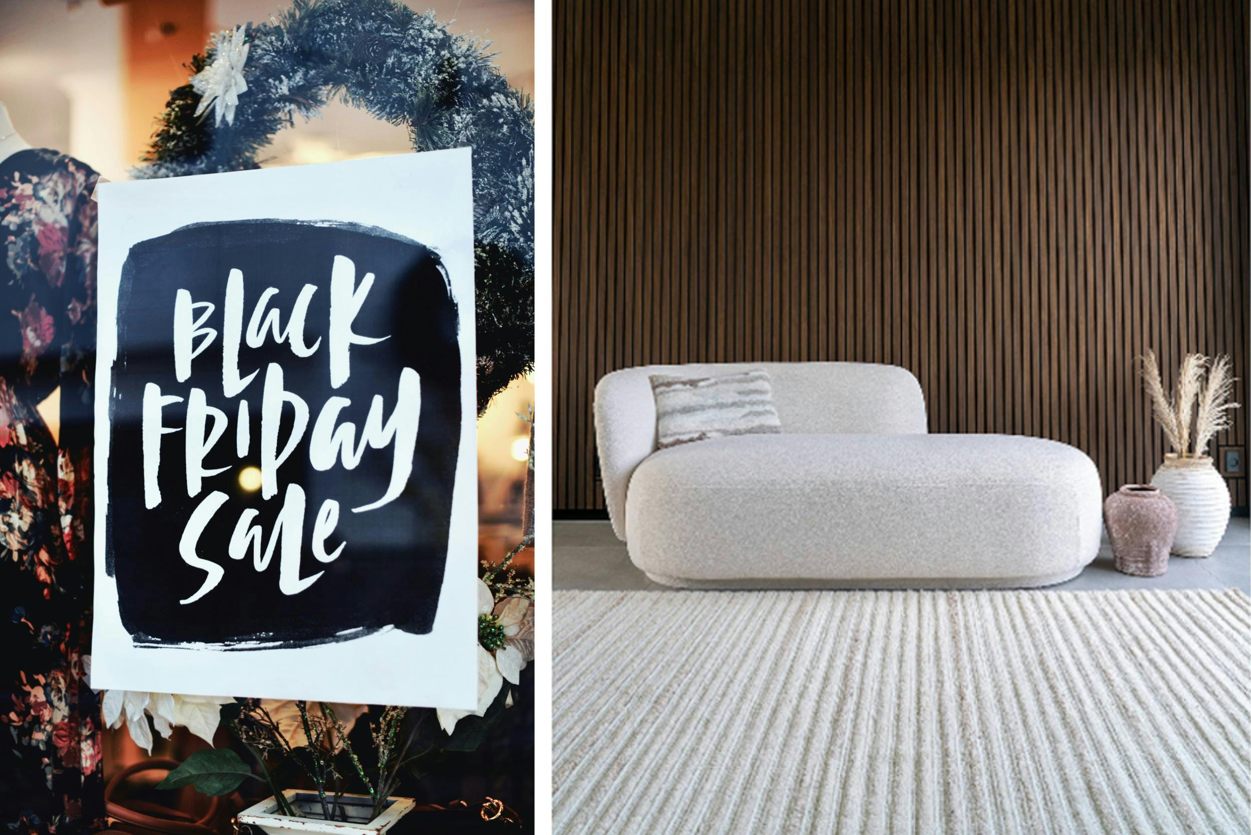 Weisse Loungeliege von home24 und Aufschrift "Black Friday" an einem Schaufenster