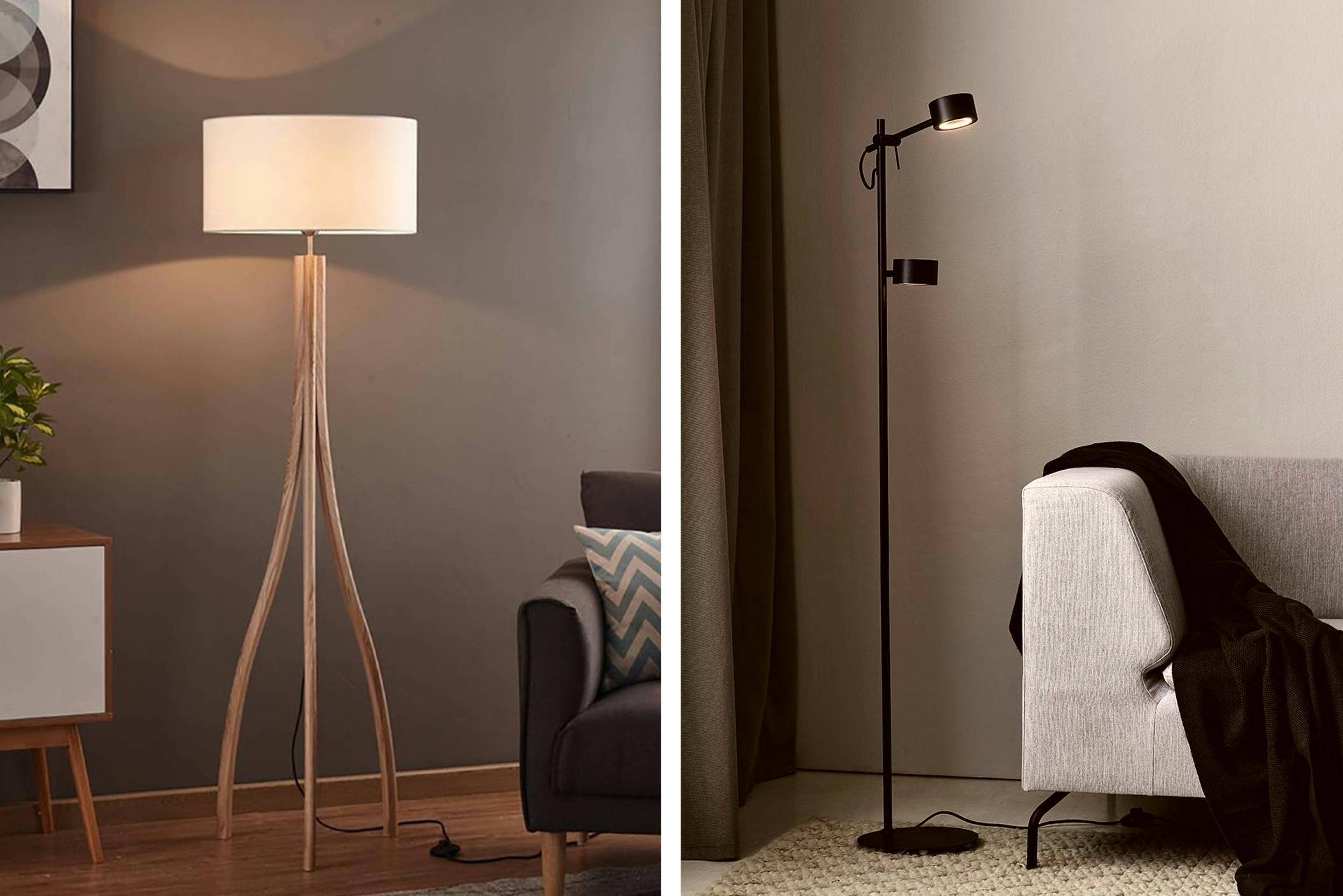 Links: Trippod-Stehlampe mit Schirm, rechts: schwarze Stehlampe mit Leselampe