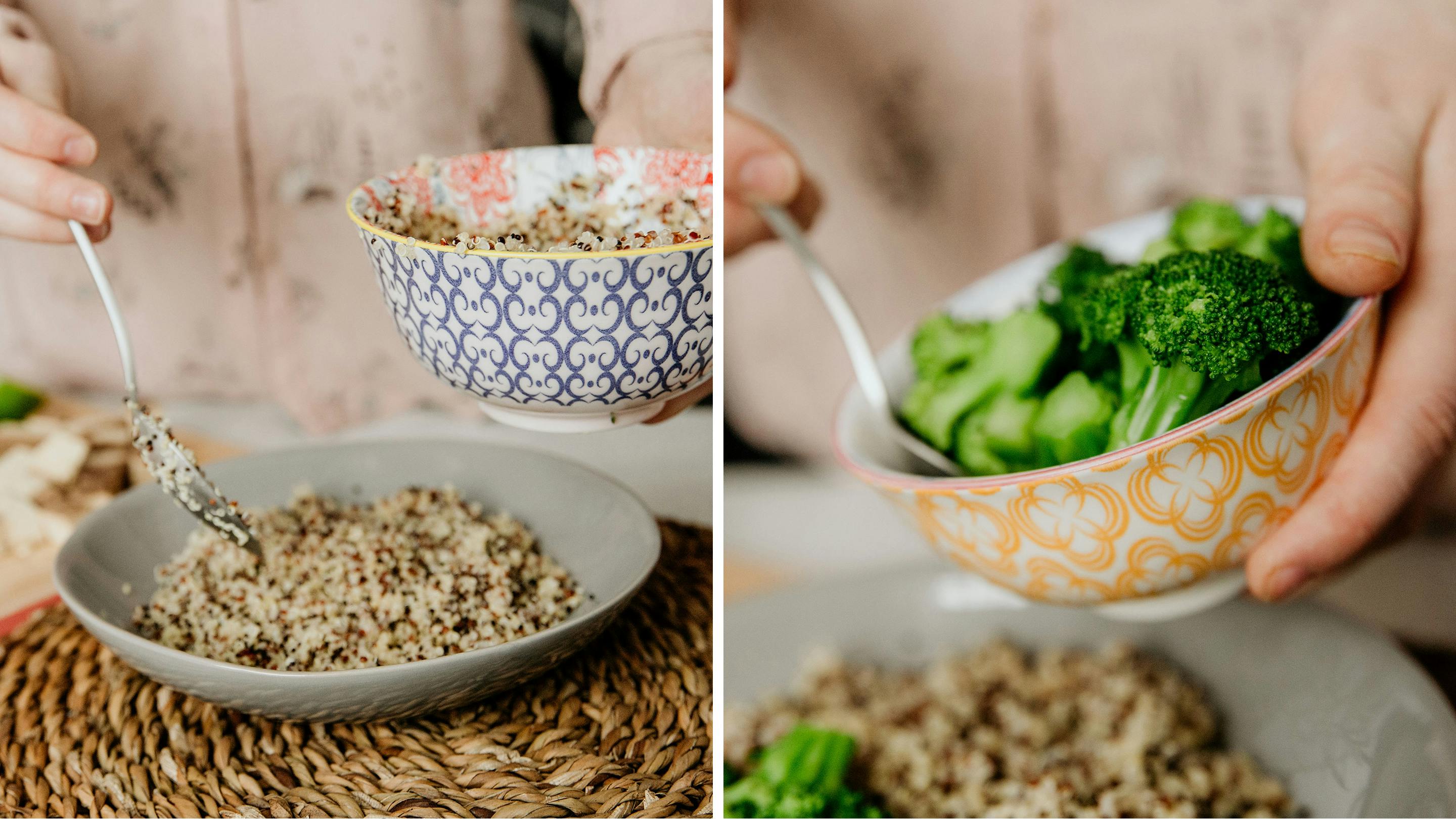 Quinoa schmeckt super und ist zudem gesund. Und jetzt: Frisches Gemüse nach Wahl! (Marke des Geschirrs: Butlers.)