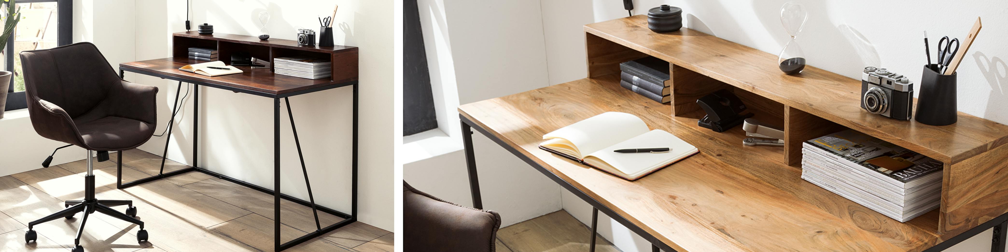 Gepolsterter Stuhl und Schreibtisch aus Holz seitlich zum Fenster aufgestellt mit aufgeschlagenem Notizbuch