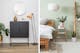 Combo de deux photos : l'une est un meuble de rangement noir mat, avec miroir mural rond, accessoires déco, plante et lampadaire en rotin. La seconde est une photo partielle d'une chambre aux tons pastels, le mur vert très clair, un lit en bois avec linge blanc, lampe suspendue blanche style nuage, table de chevet et échelle décorative, le tout en bois clair et avec des plantes dessus