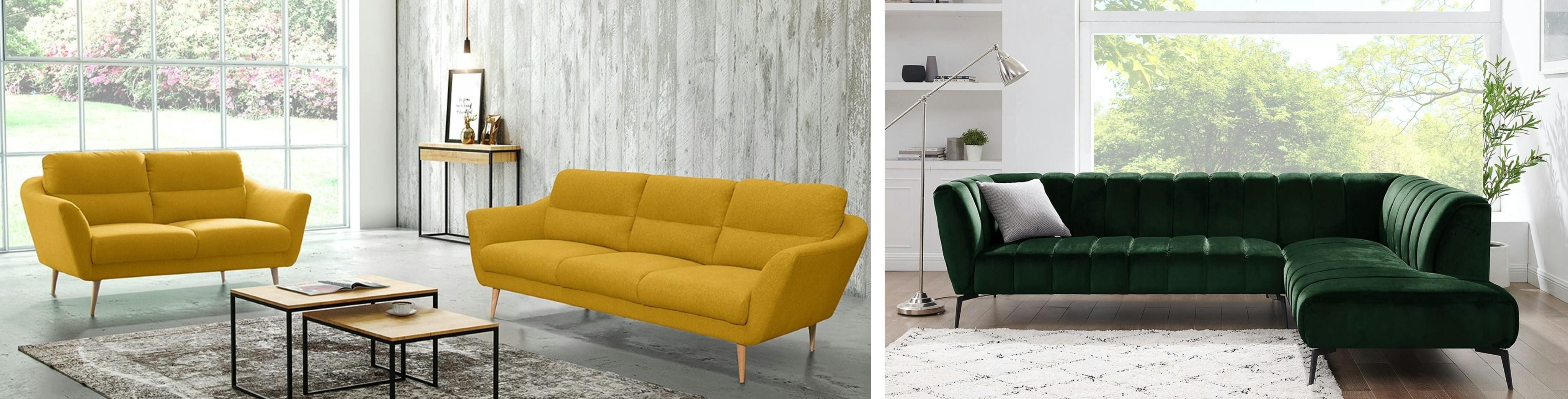 A sinistra: due divani scandinavi gialli (marca Norrwood); a destra: divano angolare grande di velluto verde (marca Mørteens)