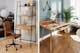 Kompakter Schreibtisch mit höheren Ablageflächen (Minimal-Stil, links) & schlichter Schreibtisch aus Massivholz im Skandi-Stil.