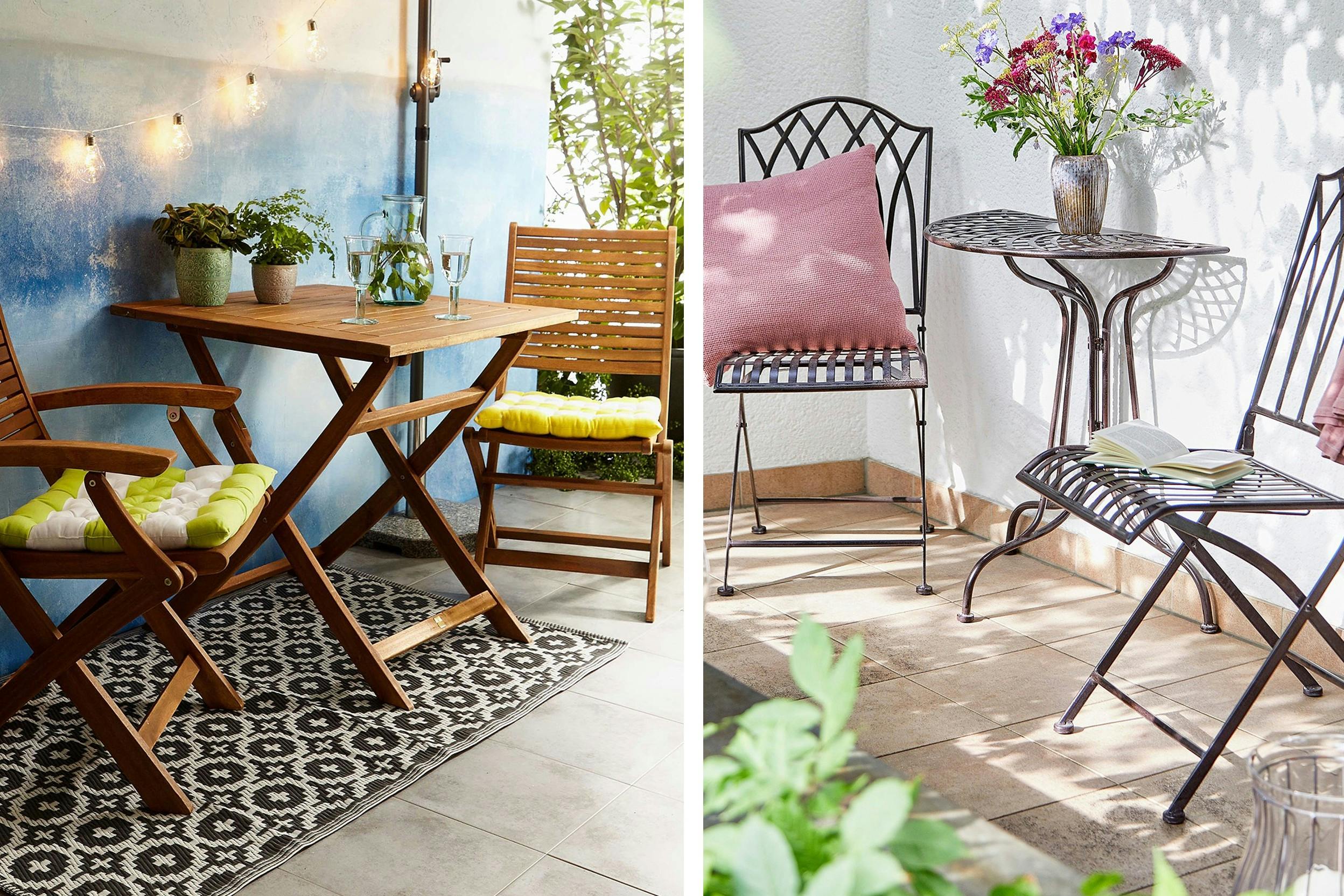 Houten tafel en klapstoelen op buitenkleed, metalen set tuinmeubels met twee stoelen en tafel.