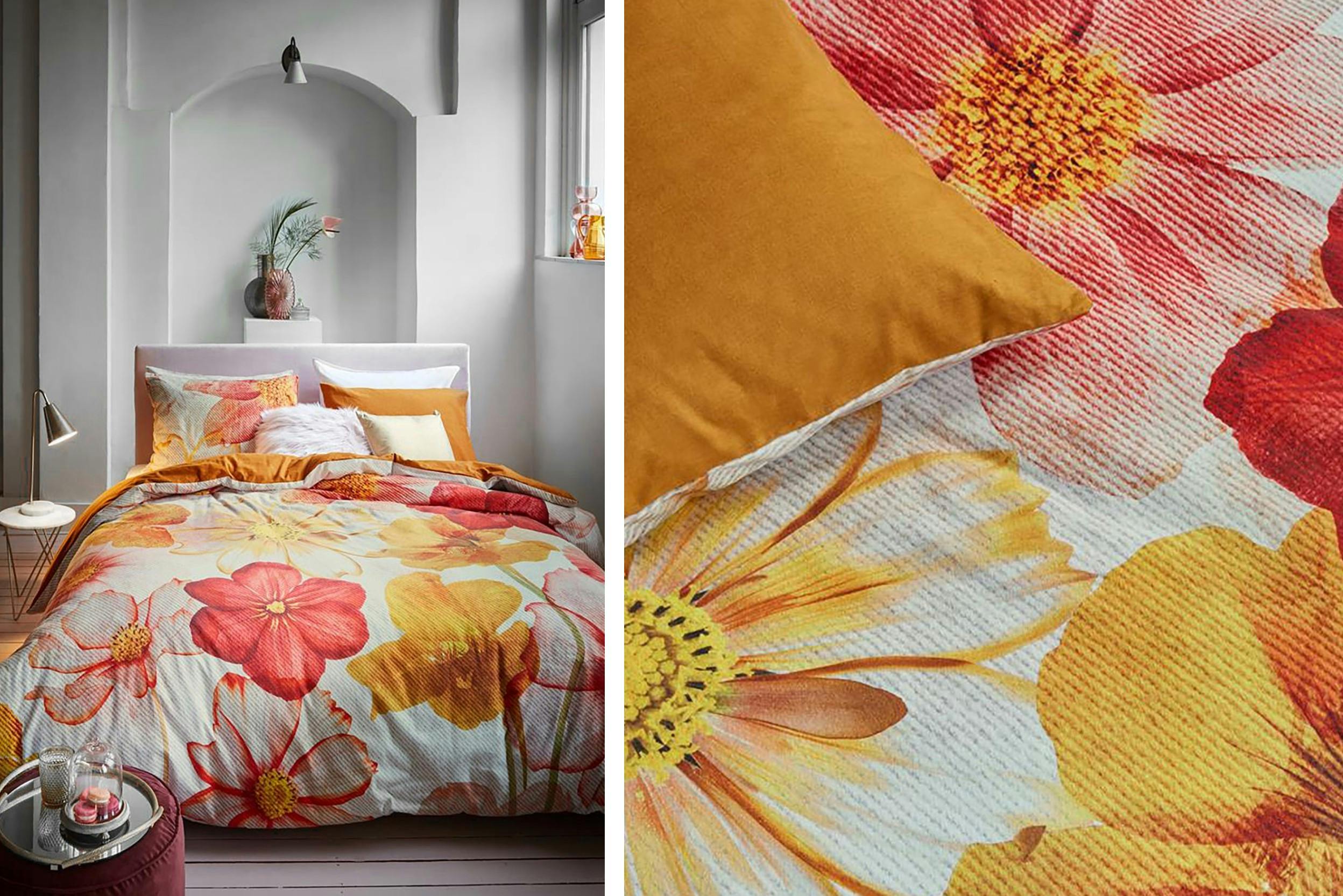 Schlafzimmer mit Flanell-Bettwäsche mit großen Blumen in rot und orange, detailaufnahme Flanell-Bettwäsche