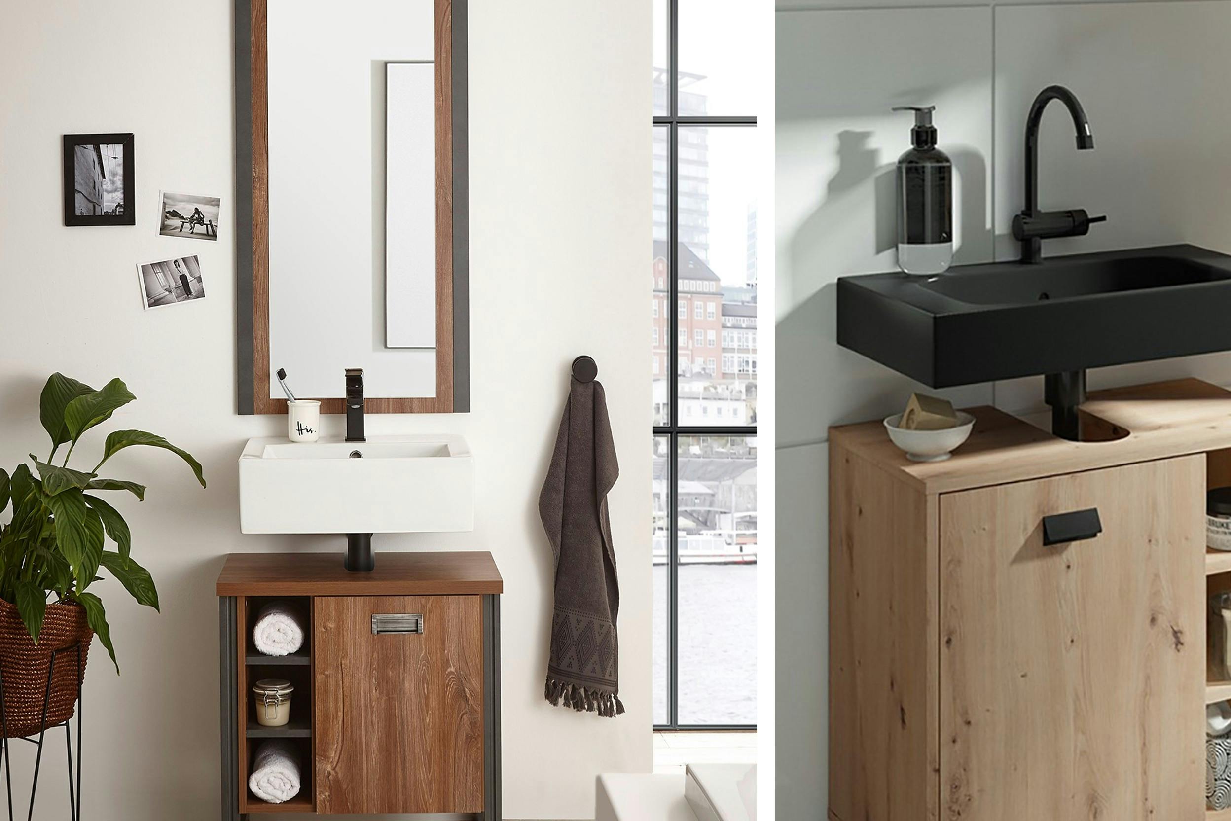 Combo de deux photos de meubles de salles de bain dans le style industriel, comme un lavabo noir mat et des meubles en bois sombre