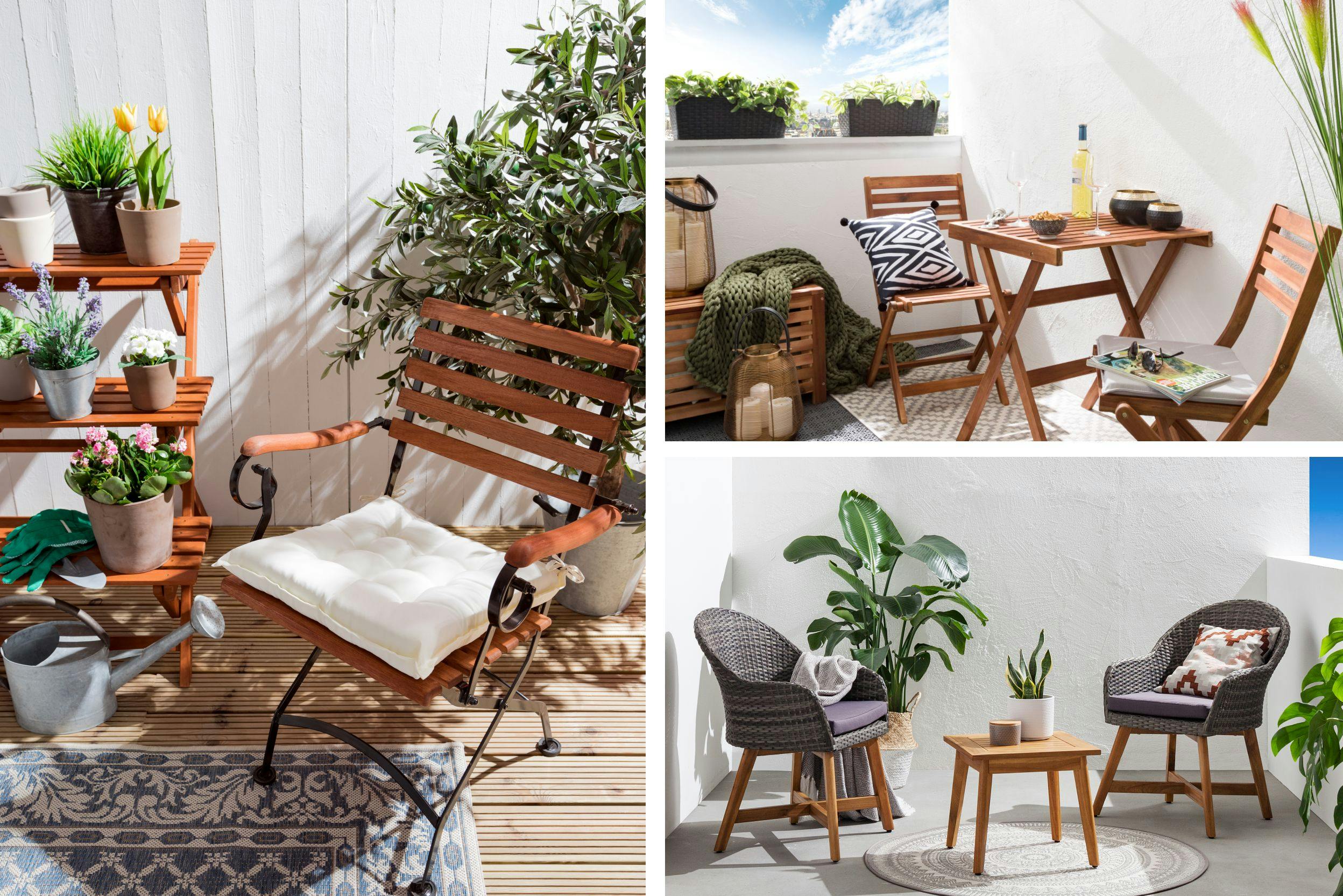 Trois photos de balcons différents, avec tables et chaises pliantes et plantes en pots