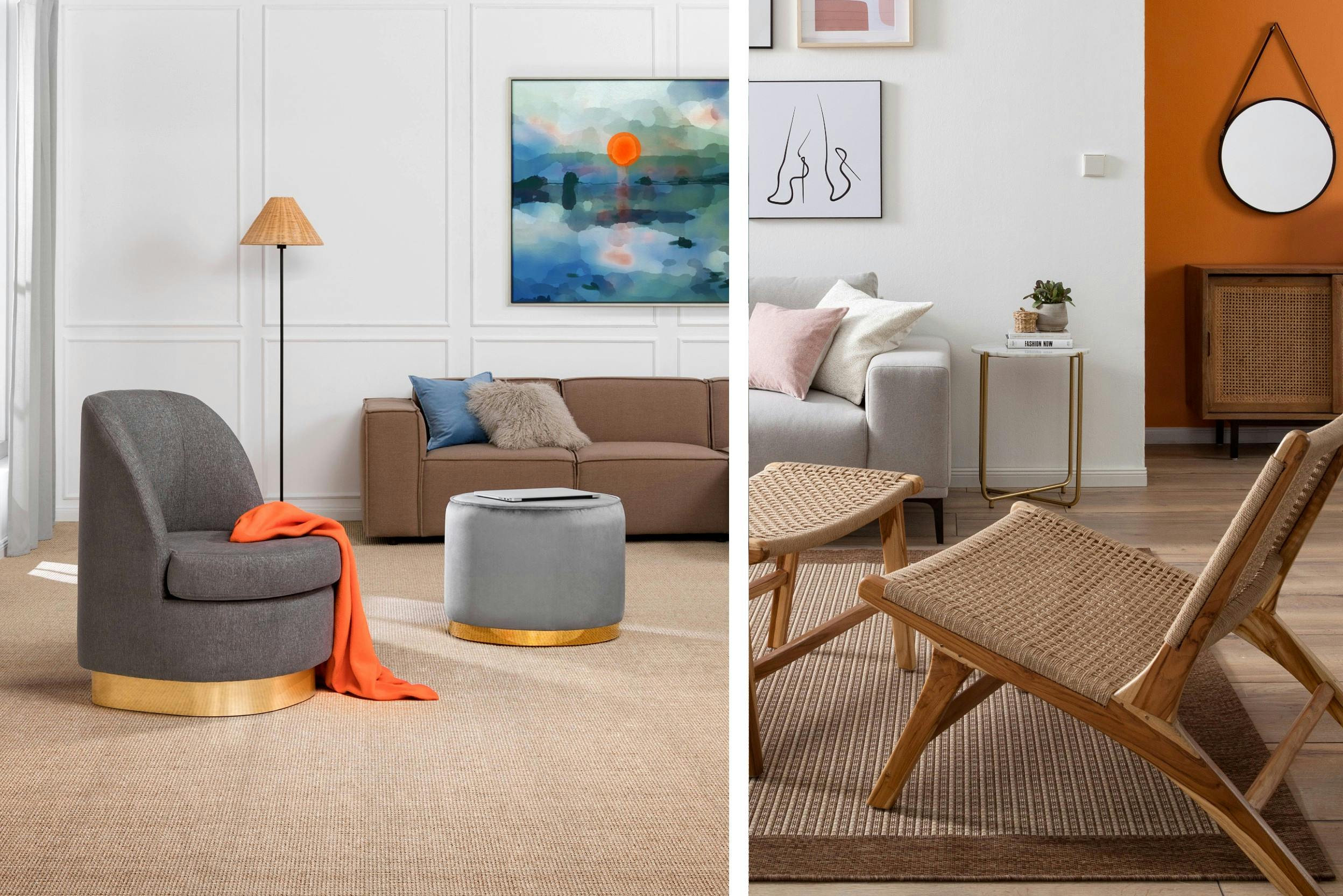 Grauer Sessel mit goldenem Akzent und geflochtener Lounge-Sessel im Wohnzimmer