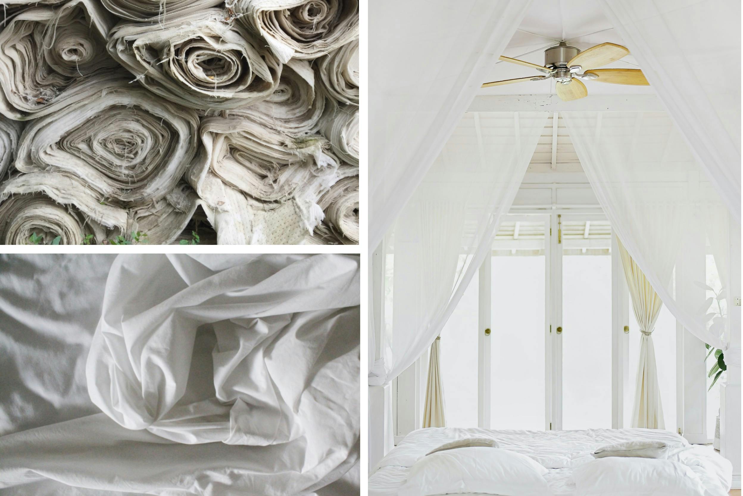 Combo de trois photos : L'une est de rouleaux de tissu blanc, la seconde est de tissu blanc froissé, la troisième est d'un lit à baldaquins entièrement blanc, avec un ventilateur au-dessus du lit