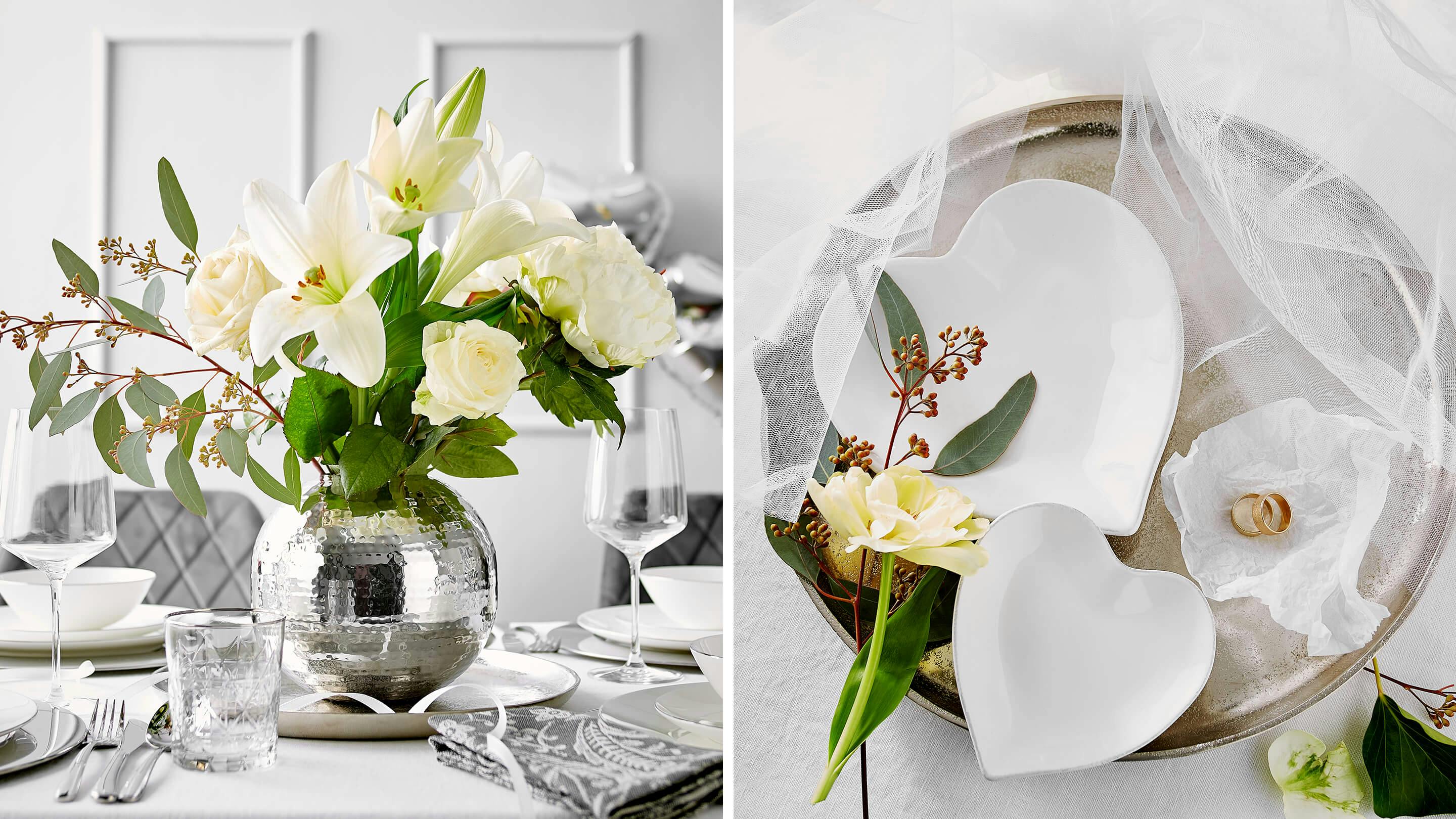 Blumen als Hochzeitsdeko (Marke des Geschirrs und der Deko-Accessoires: Butlers).