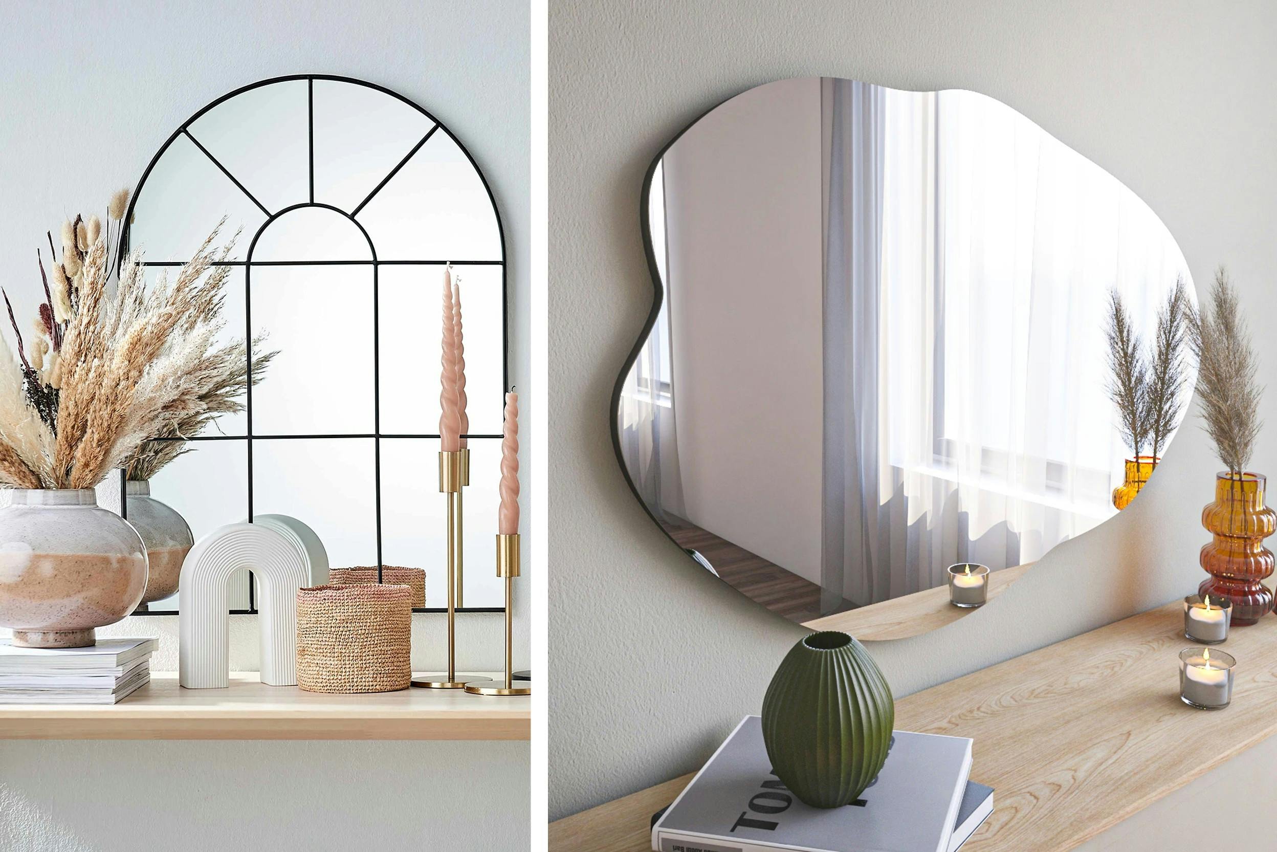 Collage di due immagini: sulla sinistra uno specchio a forma di finestra e sulla destra uno specchio di forma geometrica irregolare.