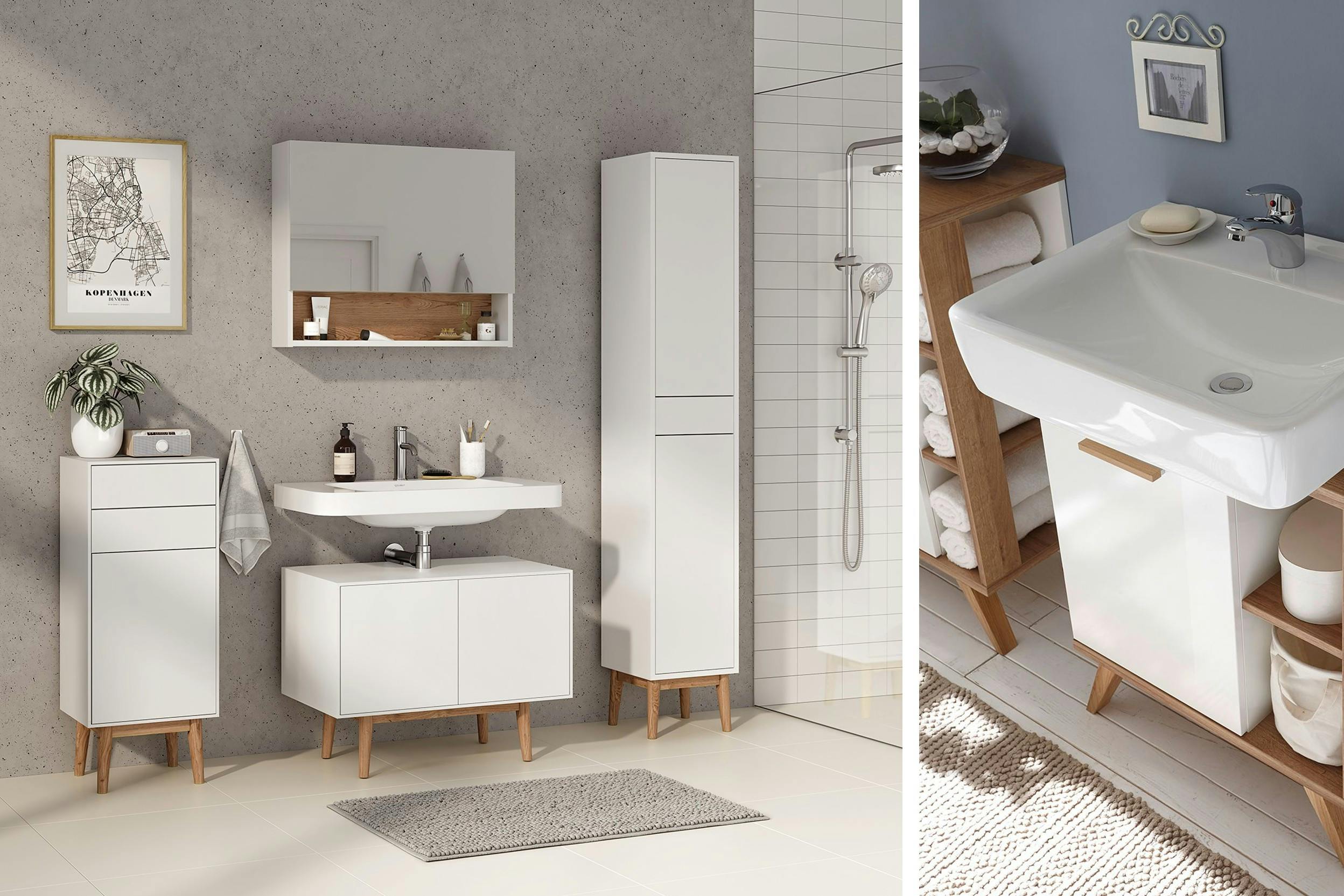 Scandinavische badkamers, witte badkamermeubels met hout, wandafbeelding Kopenhagen