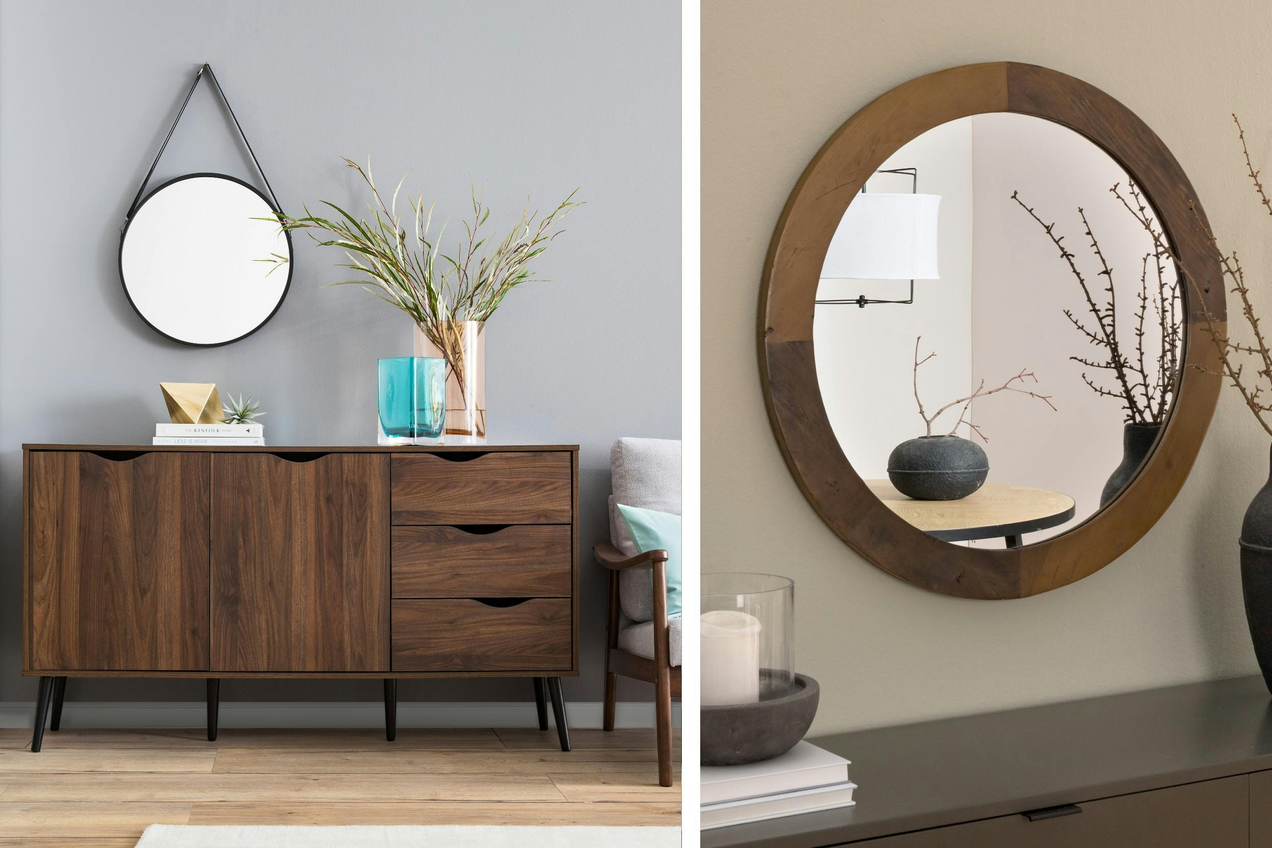 Combos de deux photos de salons avec des miroirs au mur