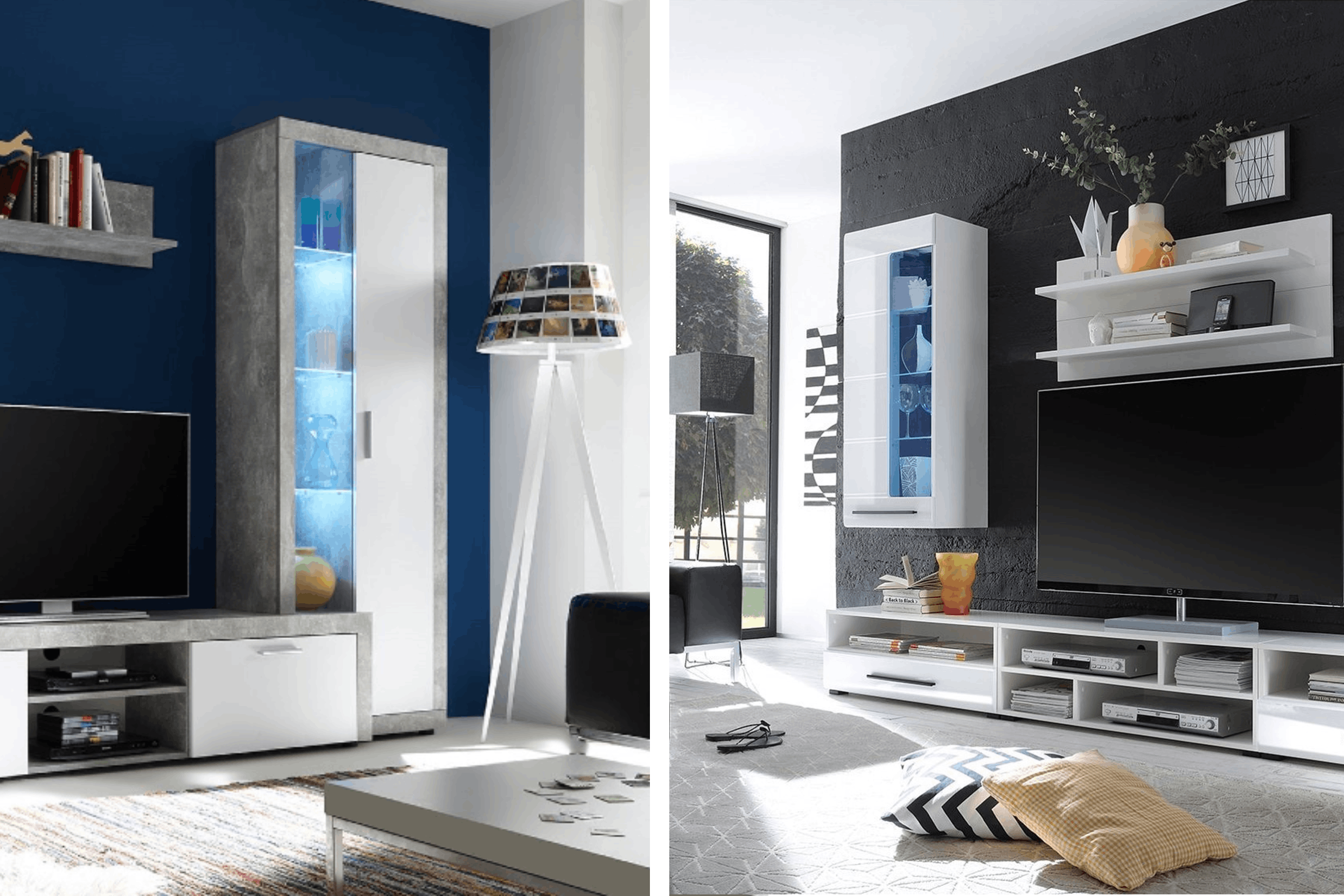 Due soggiorni moderni con mobili bianchi lucidi, lampade treppiede e pareti scure, una blu e una nera