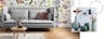 Graues Sofa vor einer Wand mit Blumenprinttapete, dazu ein runder Couchtisch aus Holz, Tischdeko sowie ein grauer Teppich; daneben schöne Blumenvasen in Grüntönen.