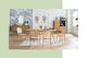 Heller Holztisch mit sechs Esszimmerstühlen mit Wiener Geflecht in einem Altbau-Esszimmer mit Holzboden, weissen Wänden, Kugellampen und Kommoden im Hintergrund, wobei die linke vor einer schwarz-weiss marmorierten Tapete steht