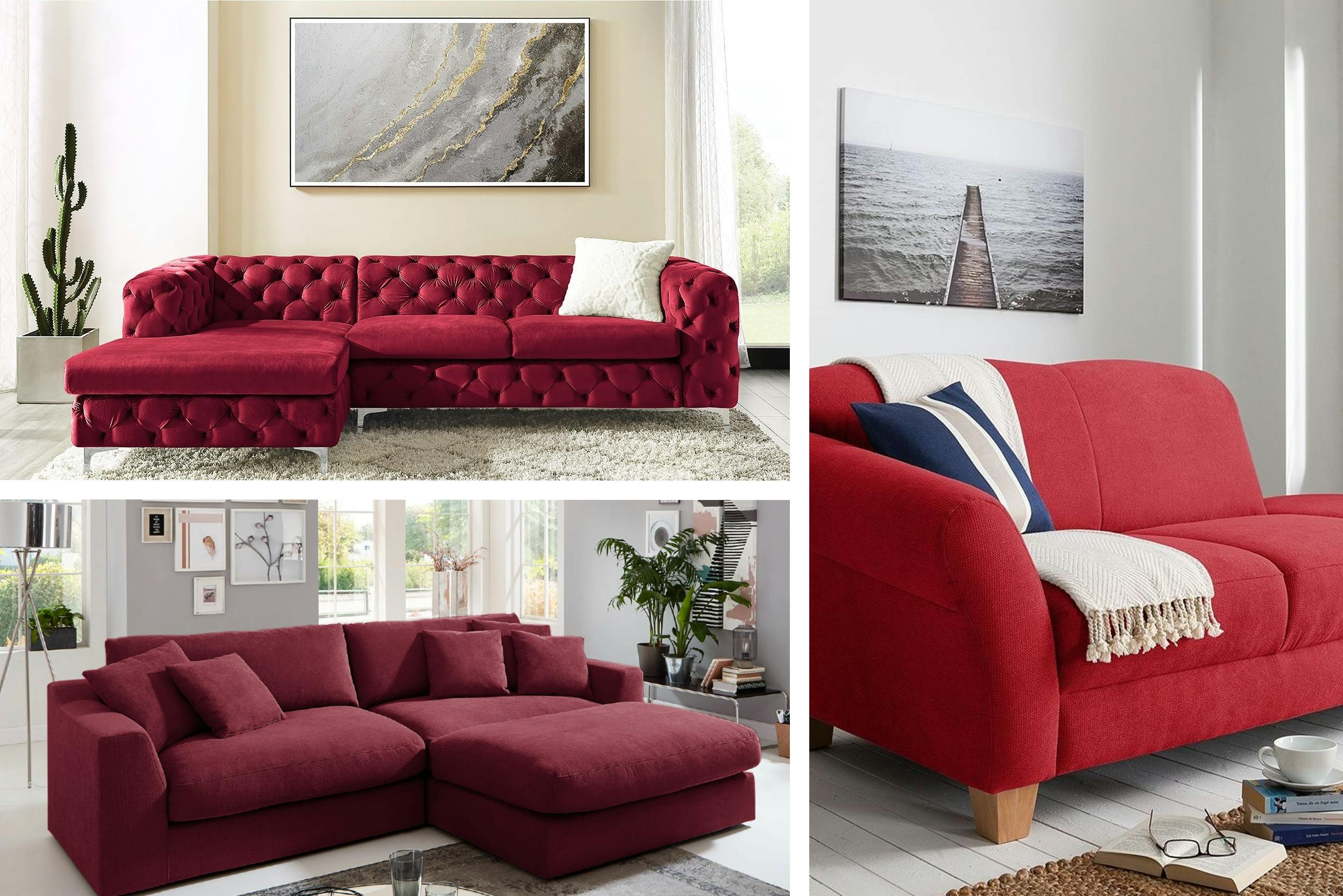 Tre modelli di divani angolari rossi: stile glamour (alto, sinistra), stile moderno (basso, sinistra), stile nordico (destra)