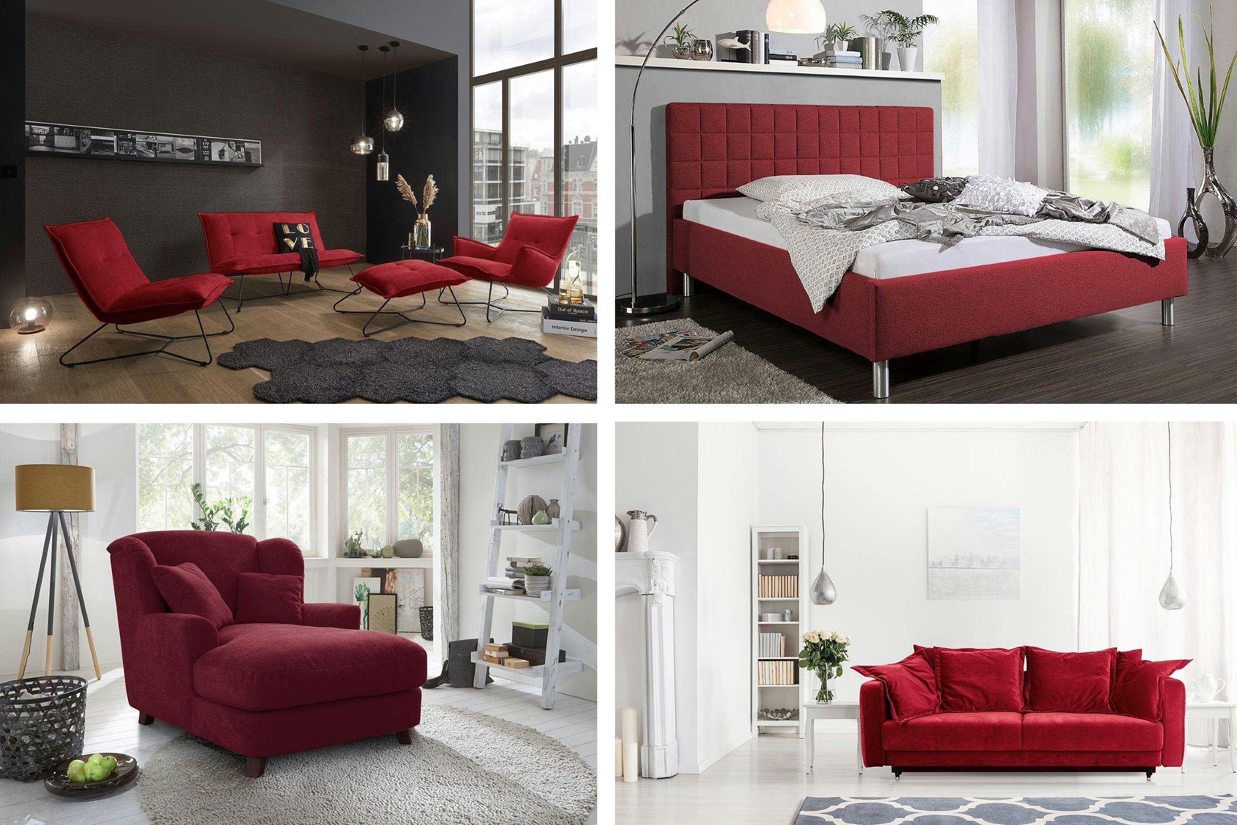 Quatre photos de pièces différentes avec dans chacune un ou plusieurs meubles de couleur magenta, comme un lit, un fauteuil, un canapé ou plusieurs sièges
