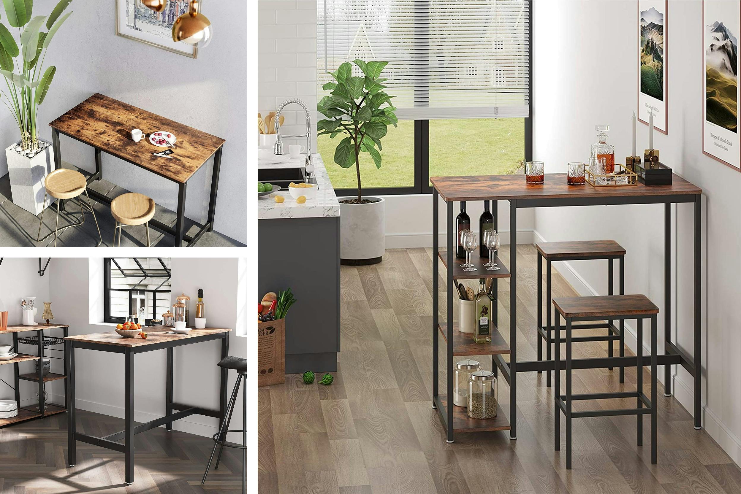 Différents meubles hauts pour bar et cuisine, en bois et métal, de style industriel, avec des éléments dératifs et des plantes