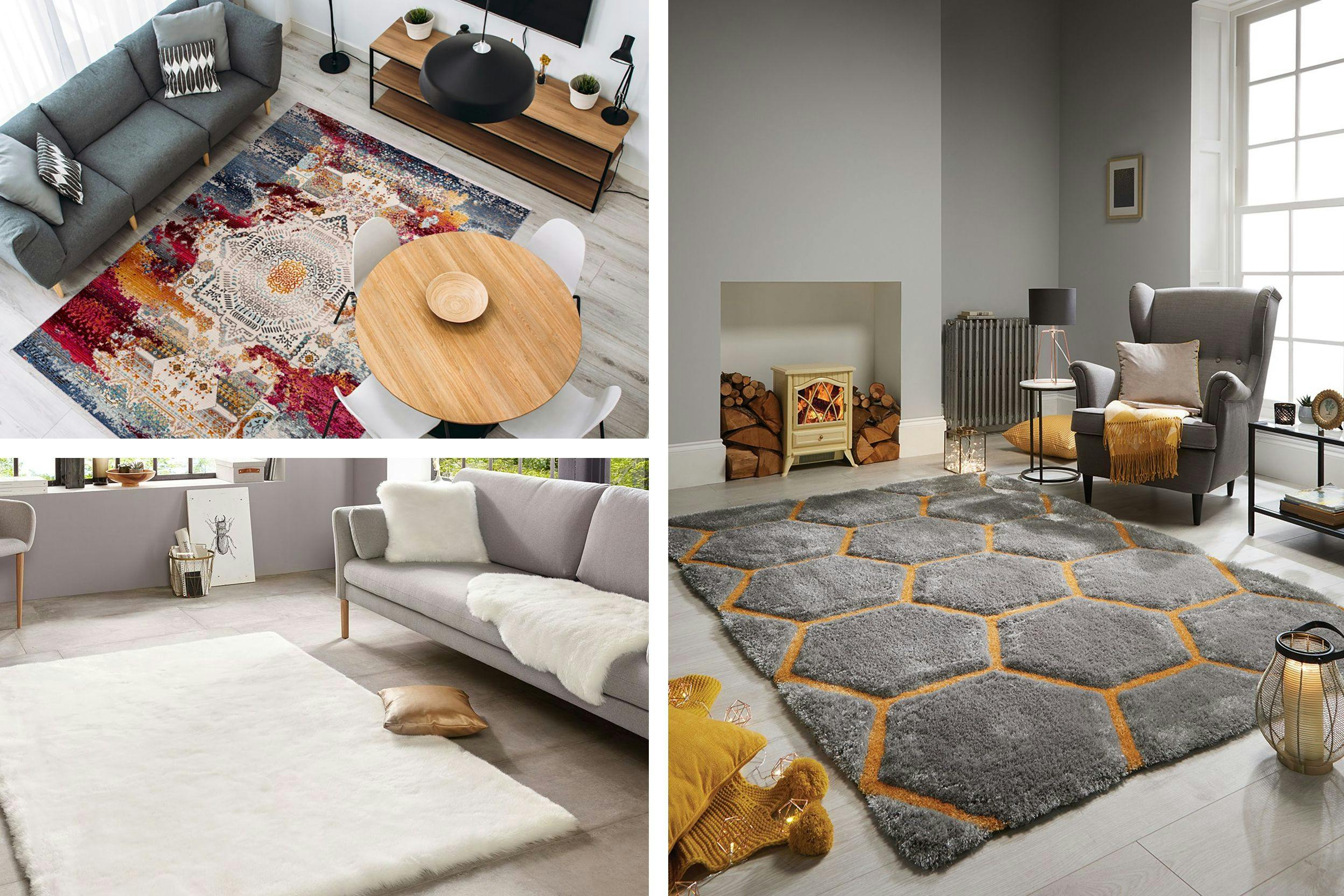 Trois photos de salons de styles divers, avec tapis blanc fausse fourrure, ou tapis gris et jaune, ou tapis multicolore.