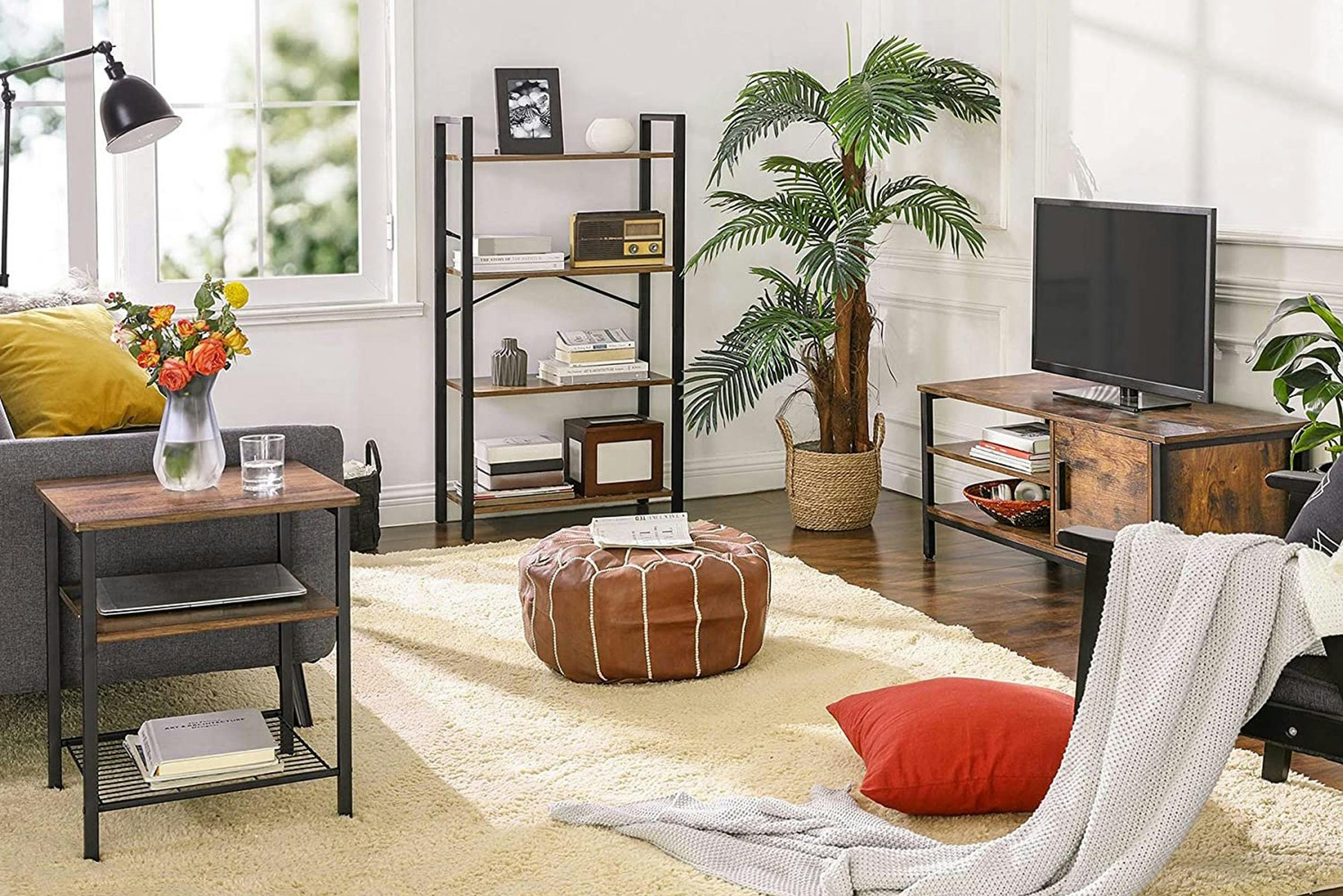 Coin salon meublé avec canapé gris, fauteuil, pouf, tapis, fenêtres, lampes, accessoires déco plantes, et meuble avec tv
