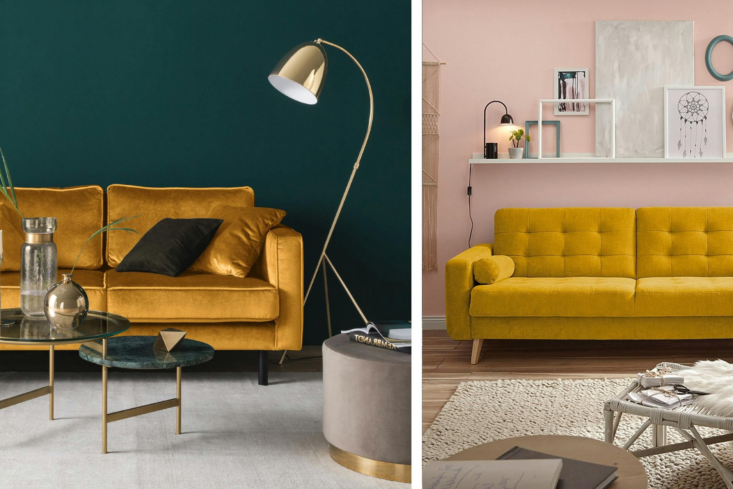 Due divani gialli in stoffe e stili diversi: di velluto in stile glamour e di tessuto in stile scandinavo