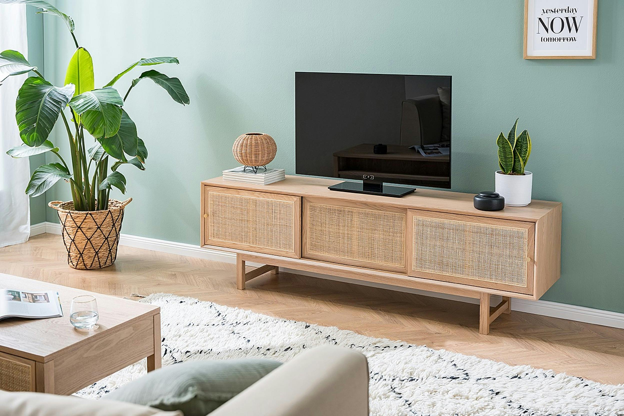 Rattan-Sideboard vor grüner Wand mit Fernseher, Zimmerpflanzen und Tischlampe