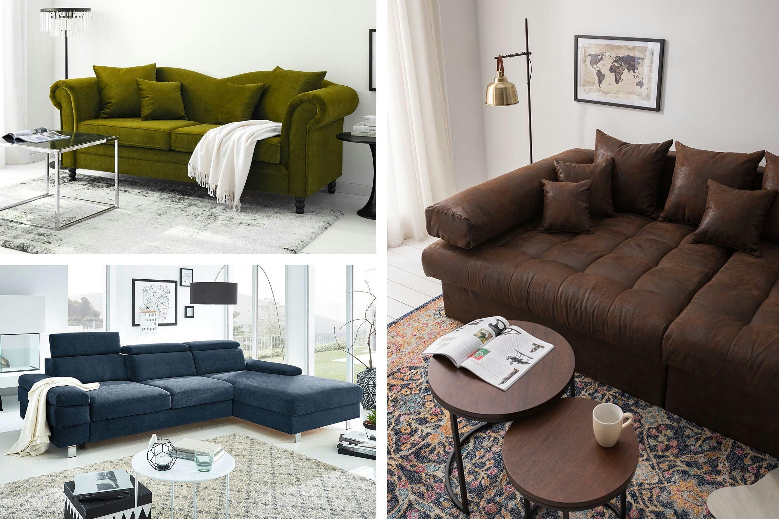 Photos d'un canapé vert, d'un canapé bleu foncé et d'un canapé marron 