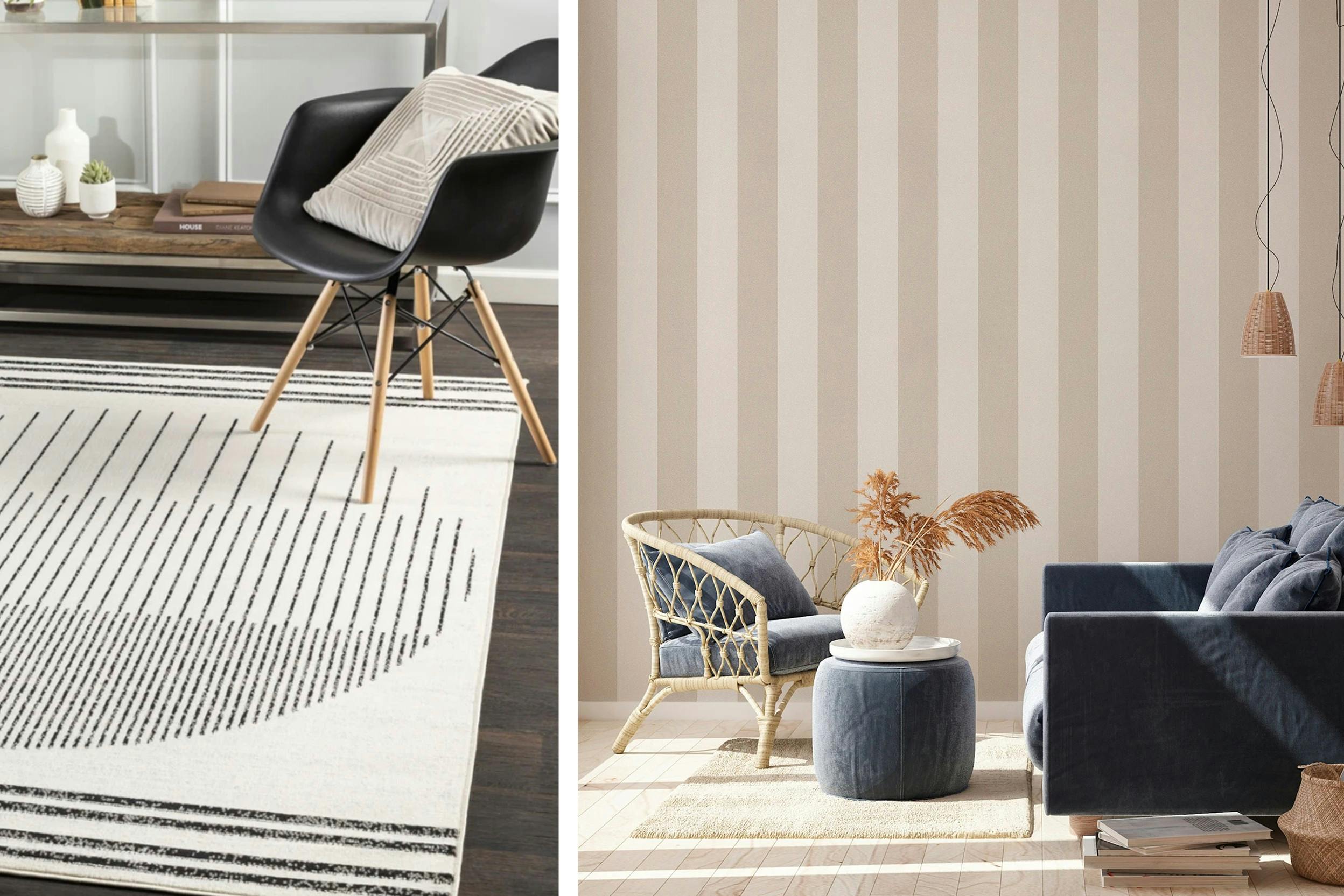 Coolage di due immagini: sulla destra un tappeto bianco grafico a righe nere e sulla destra carta da parati beige a strice verticali.