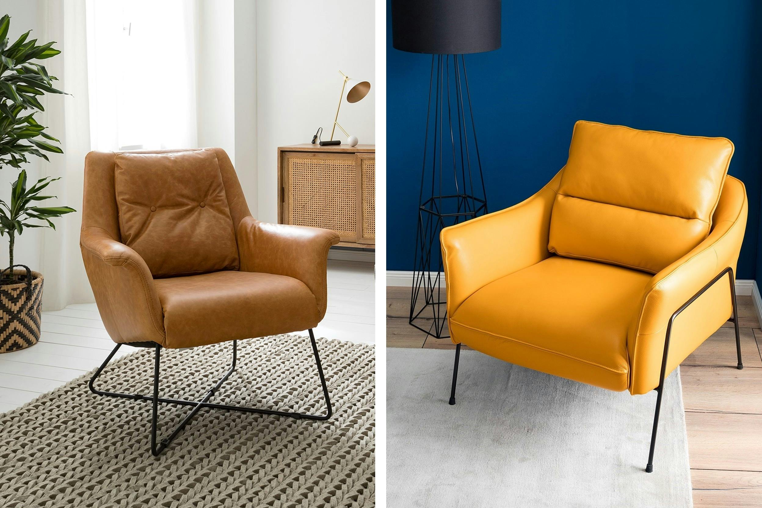 Hellbrauner Echtleder-Sessel und gelber Ledersessel mit minimalistischen Beinen aus Eisen (Marke: Studio Copenhagen)