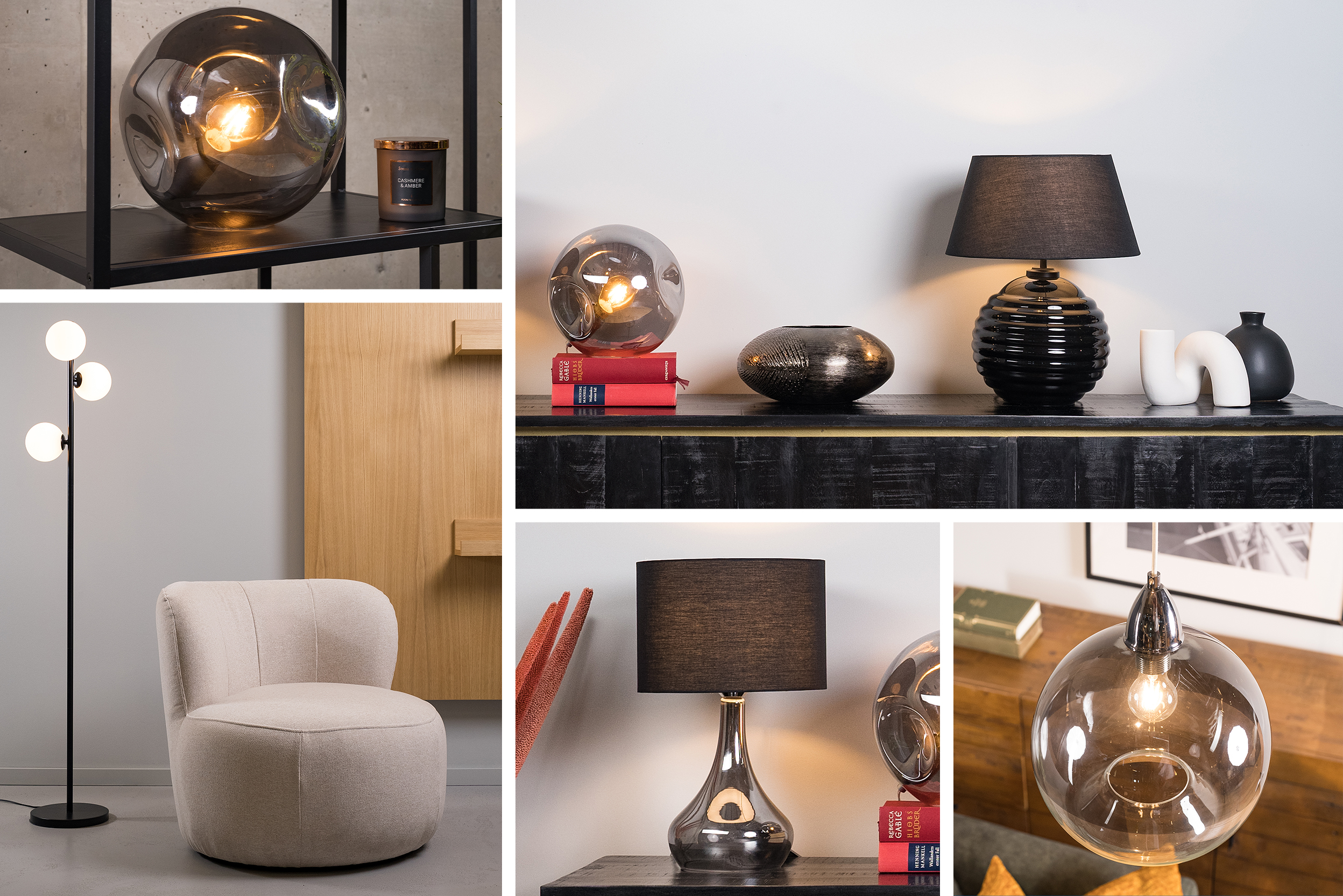 Collage mit einer schwarzen Stehleuchte und verschiedenen schwarzen Tischleuchten aus Glas