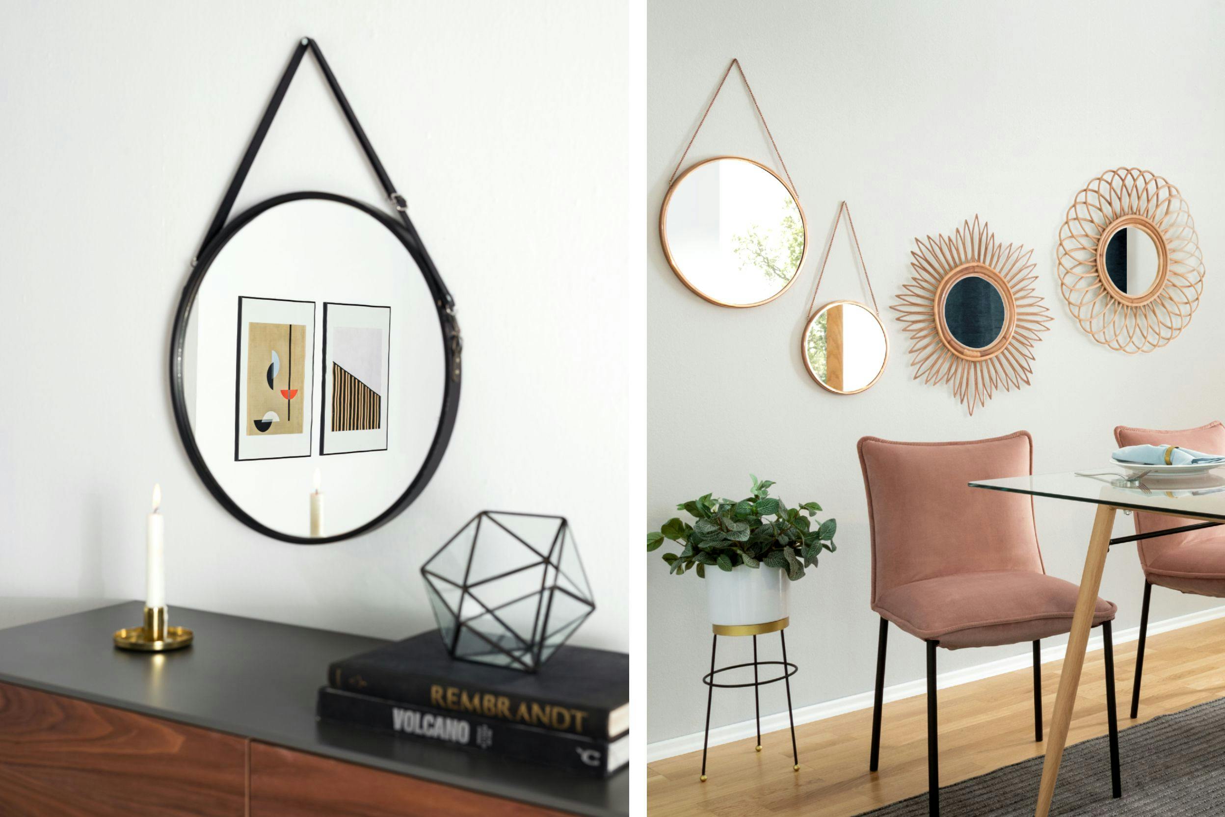 Combo de deux photos de miroirs muraux, L'un au-dessus d'une table avec une bougie et objets déco, l'autre avec quatre miroirs muraux dorés près d'une plante, d'une table et de chaises