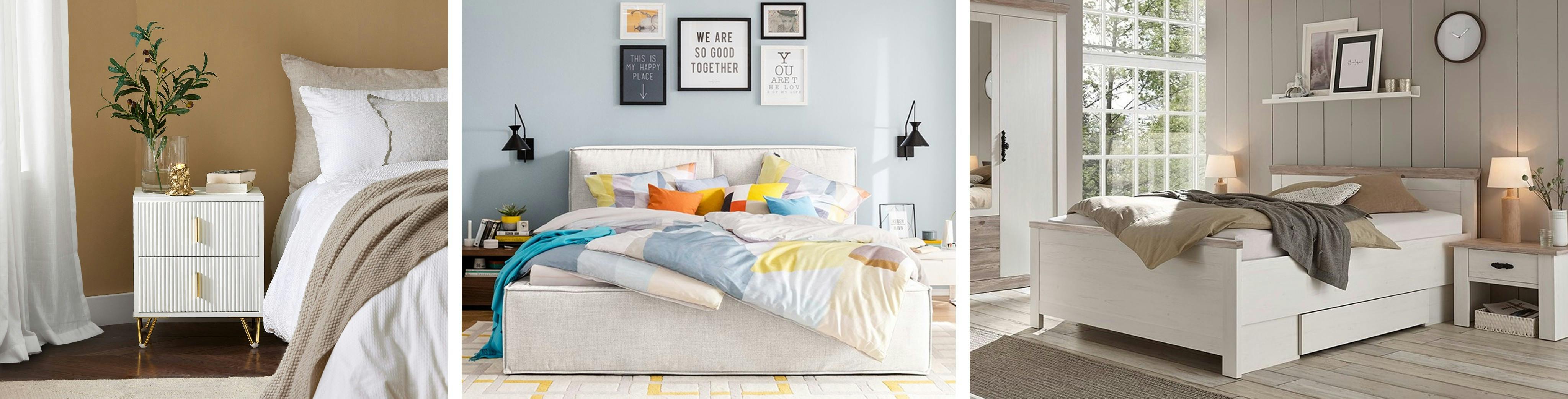 Bett mit eleganter Nachtkommode, Doppelbett mit bunter Bettwäsche und weißes Bett mit Bettkasten (Online-Shop: home24).