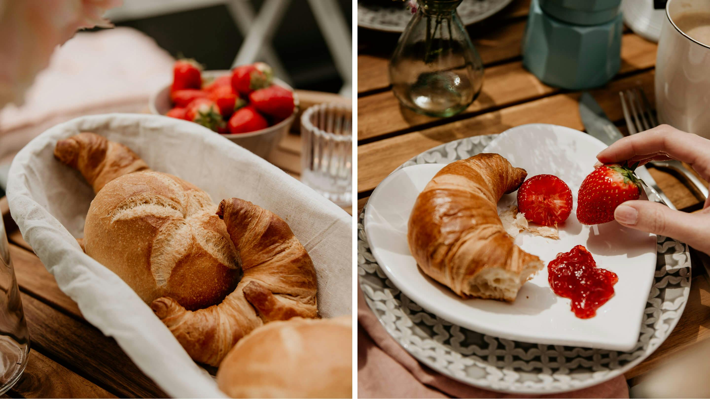 Brotkorb mit Brötchen und Croissants (links), Teller in Herzform mit Croissant und Erdbeere (Marke der Produkte: Butlers).