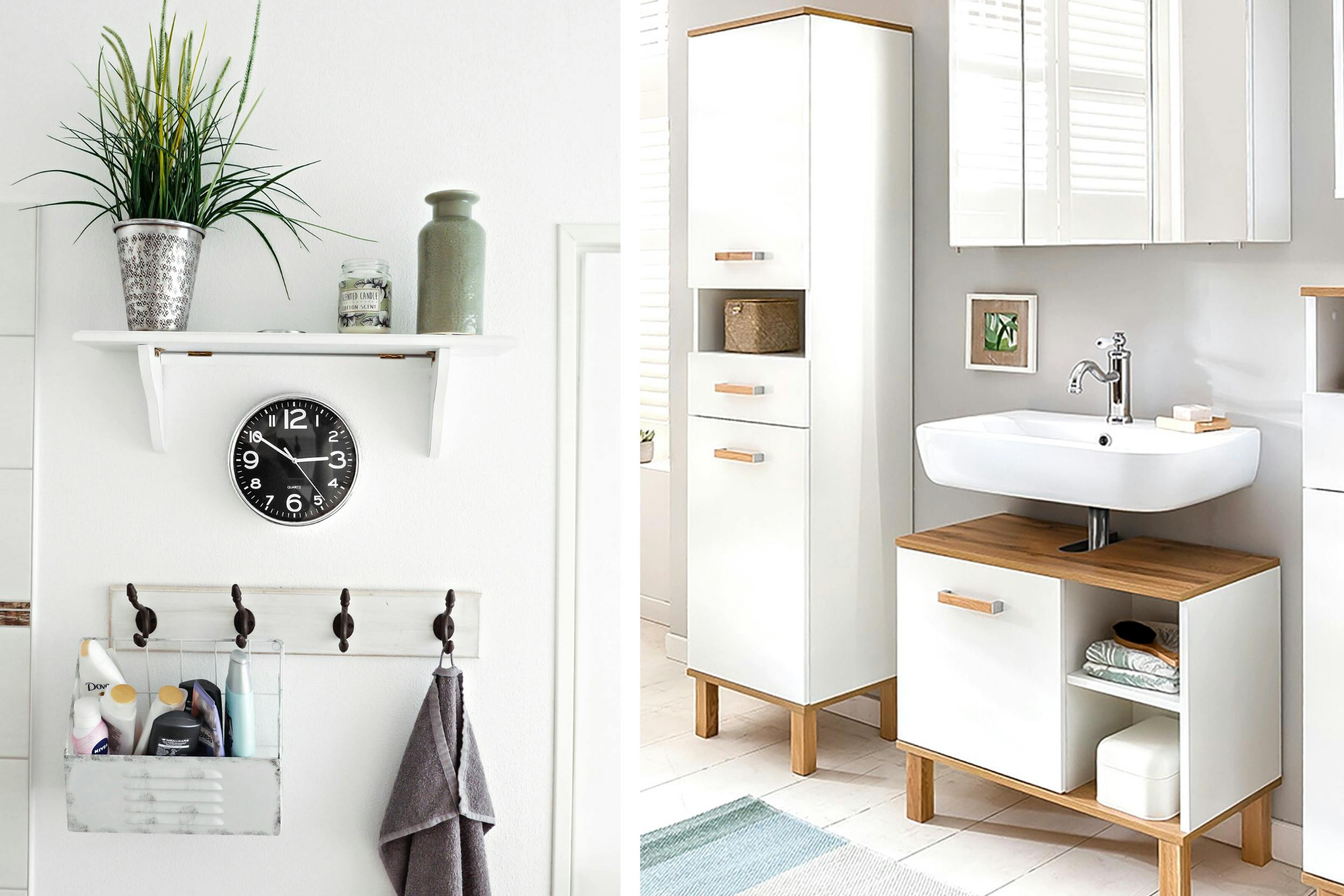 Weißes Badezimmer mit hellen Schränken aus Holz und Spiegelschrank