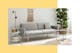 Ausklappbares Schlafsofa in hellem Grau mit minimalistischen Wohnzimmermöbeln und Wandobjekt aus Makramee