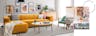 Gelbes Ecksofa und mintgrüner Sessel kombiniert mit weißen Skandi-Möbeln und grafischem Schwarz-Weiß-Muster; rosa und gelbe Candy Colors peppen die weiße Skandi-Essecke fröhlich auf.