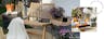 Gartenstuhl und Beistelltisch aus Rattan mit weißer Decke umgeben von vielen Pflanzen; daneben ein Wohnzimmer mit grauem Ecksofa, einem Couchtisch aus Holz und Chrom, einer weißen Bogenlampe sowie vielen Grünpflanzen.